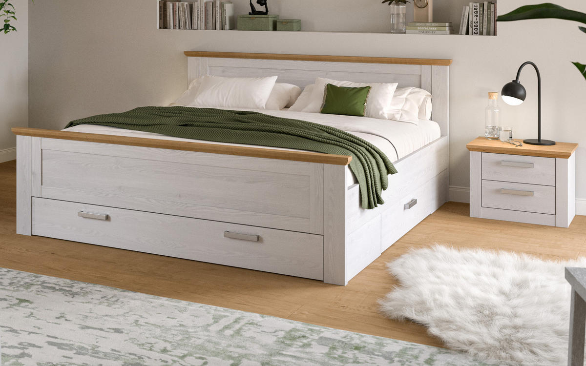 SCHLAFZIMMER weiß Lärche, Eiche Artisan Landhaus Set mit Bett inklusive Bettschubkästen, Nachttisch - Eichefarben/Silberfarben, Holzwerkstoff/Kunststoff (180/200cm) - Inn.Furn