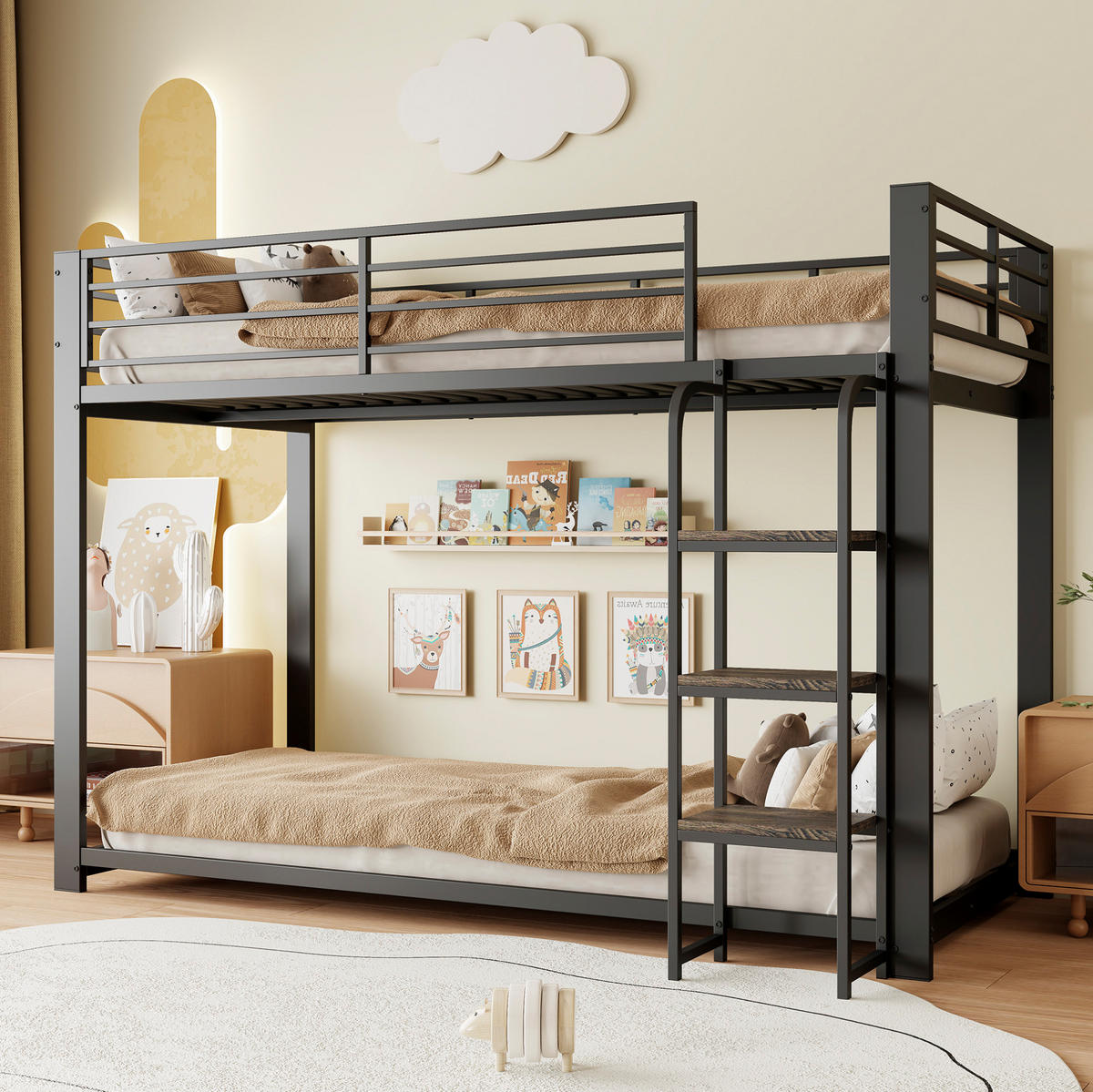 ETAGENBETT 90/200 cm aus Metall in Schwarz mit breiten Holzstufen - Schwarz, Metall (90/200cm) - Modenvie