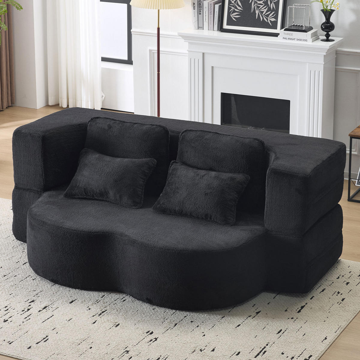 BODENSCHLAFSOFA mit Schlaffunktion, 4 Kissen und ergonomischer Polsterung, Schwarz - Schwarz, Textil (198/76/60cm) - Redom