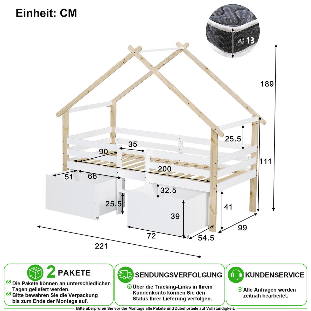 KINDERBETT 90/200 cm in Weiß & Natur mit 2 Schließfächern und Treppe - Weiß/Naturfarben, Holz/Holzwerkstoff (90/200cm) - CHICFURN