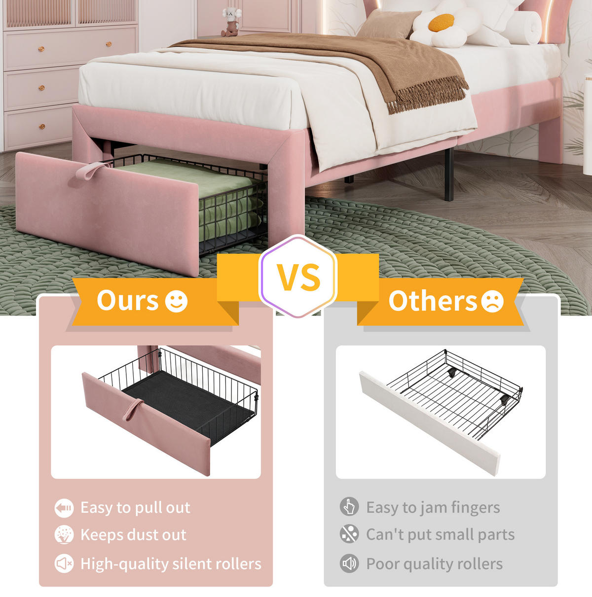 POLSTERBETT 90/200 cm rosa aus Samt mit LED-Beleuchtung und Schublade - Rosa, Textil (90/200cm) - OKMYHOME