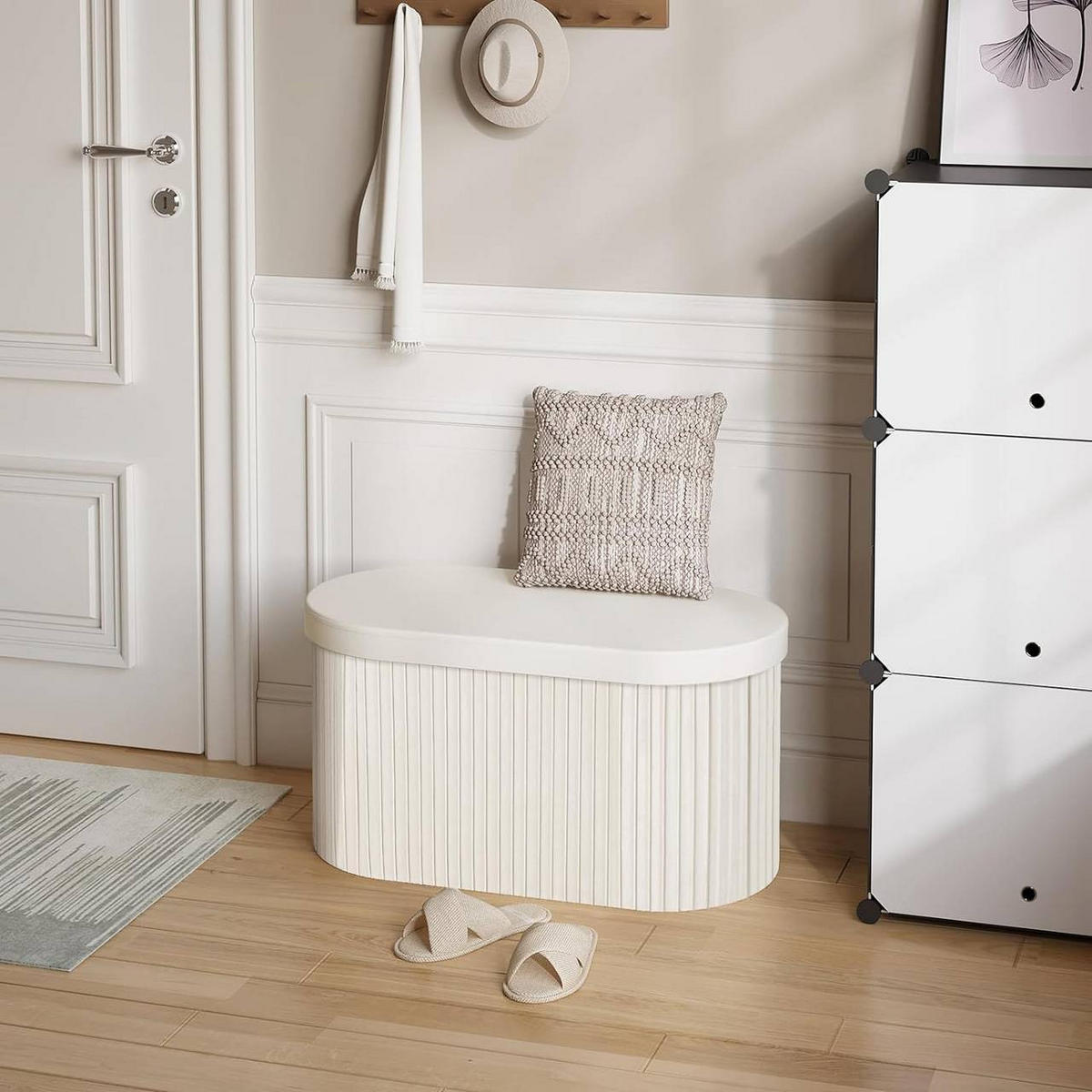SITZHOCKER mit Deckel Stauraum, 76x38x38 cm, Creme - Creme, Textil (78/38/38cm) - Woltu