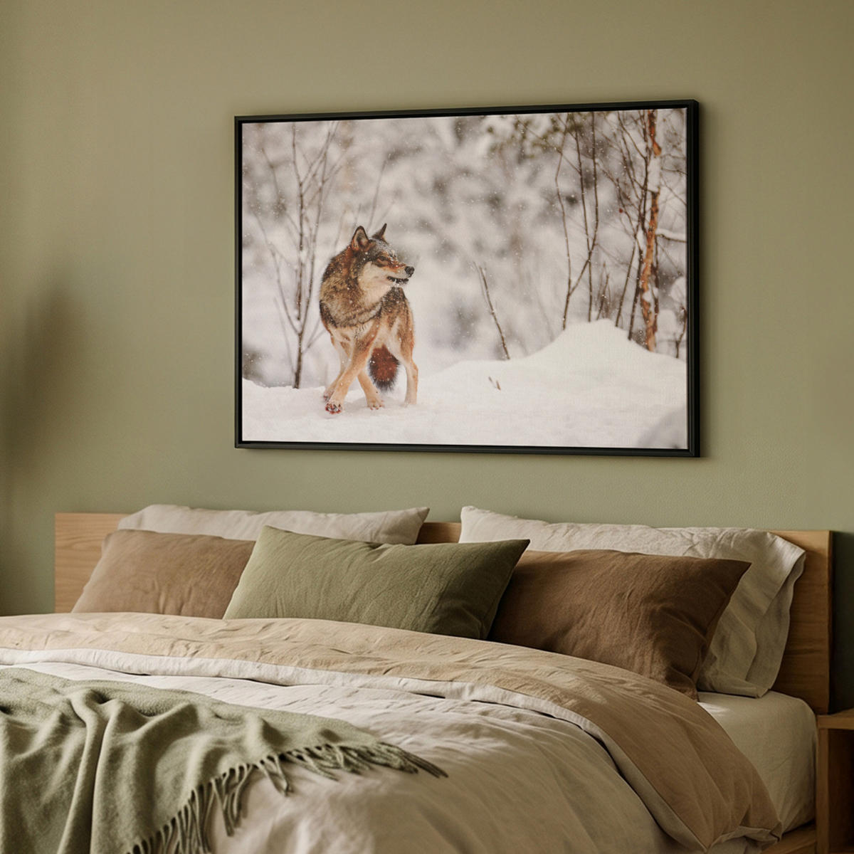 LEINWAND Bilder mit Rahmen - Wolf - Winter - Schnee - Natur - Tiere - 100x70 - Haselnussfarben, Textil (100/70cm) - MuchoWow