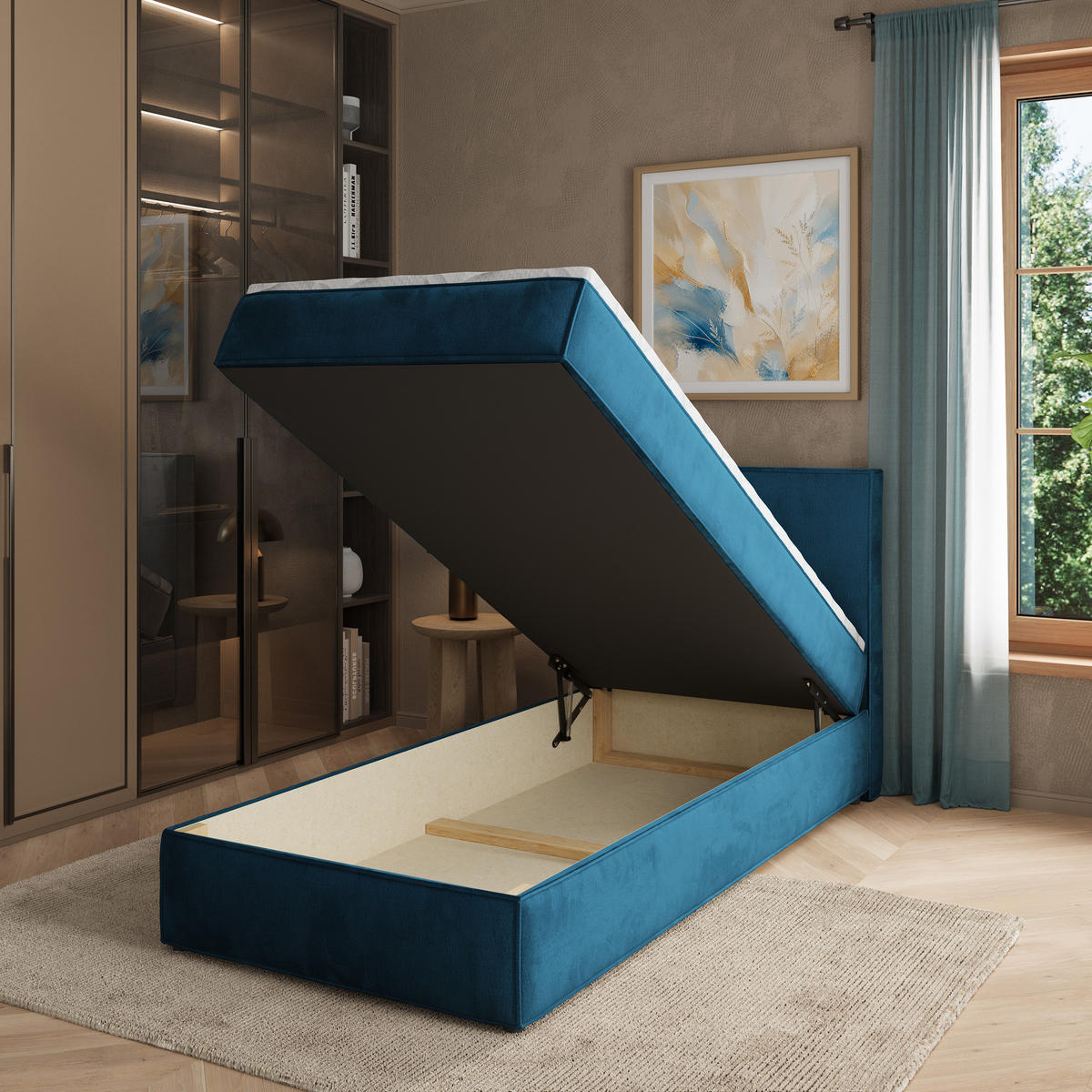 BOXBETT PELLIO 90x200 cm mit Matratze und Topper - Blau - Blau, Holz (90/200cm) - MASSENO
