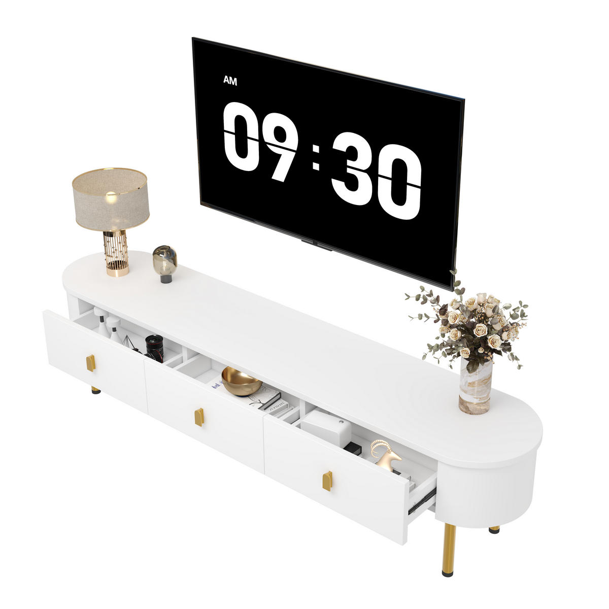 TV-SCHRANK in Weiß lackiert mit 3 Schubladen und goldfarbenen Beinen 174/35/41 cm - Weiß, Holzwerkstoff (174/41/35cm) - Redom