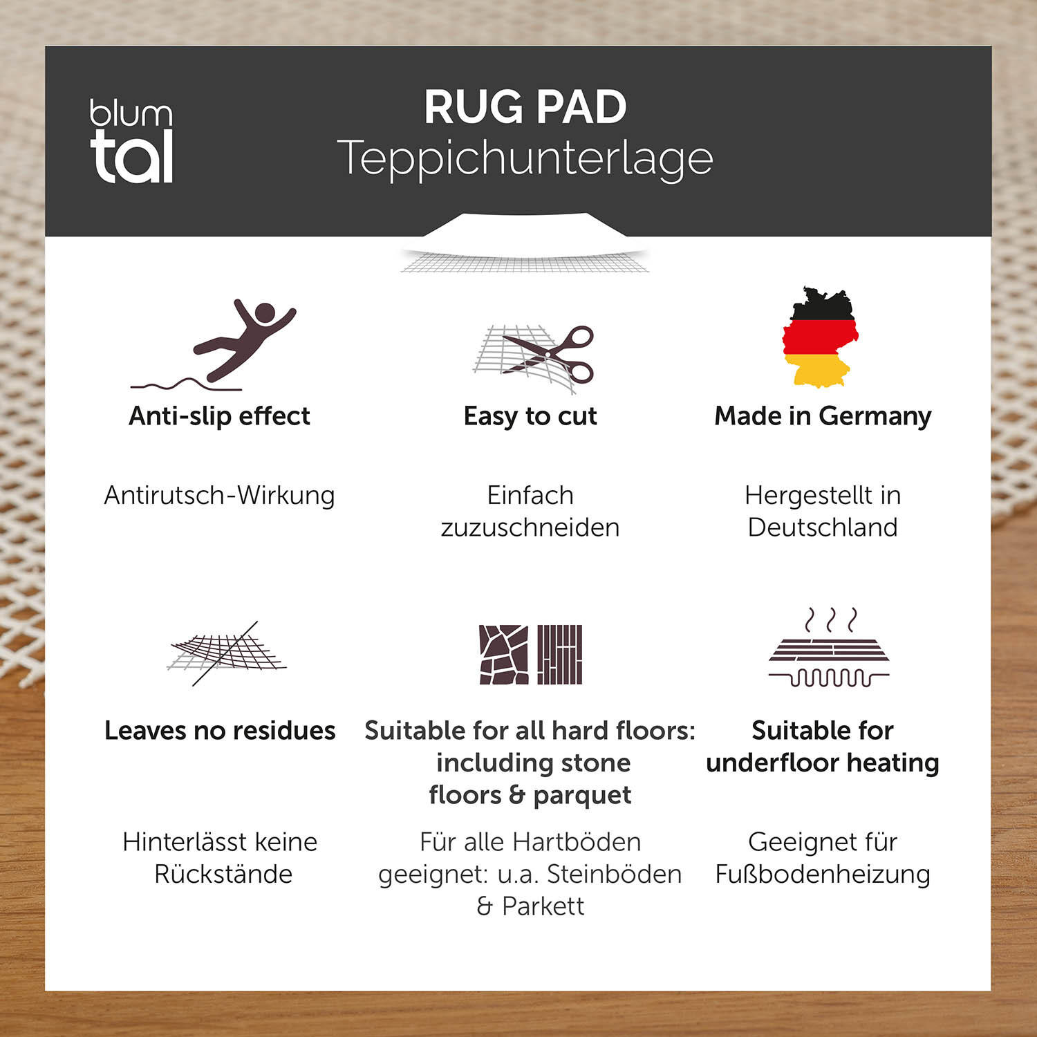 Thumbnail - Blumtal Antirutschmatte, Weiß, Kunststoff, Rechteckig, 160x225 cm, Teppiche & Böden, Teppiche, Teppichunterlagen