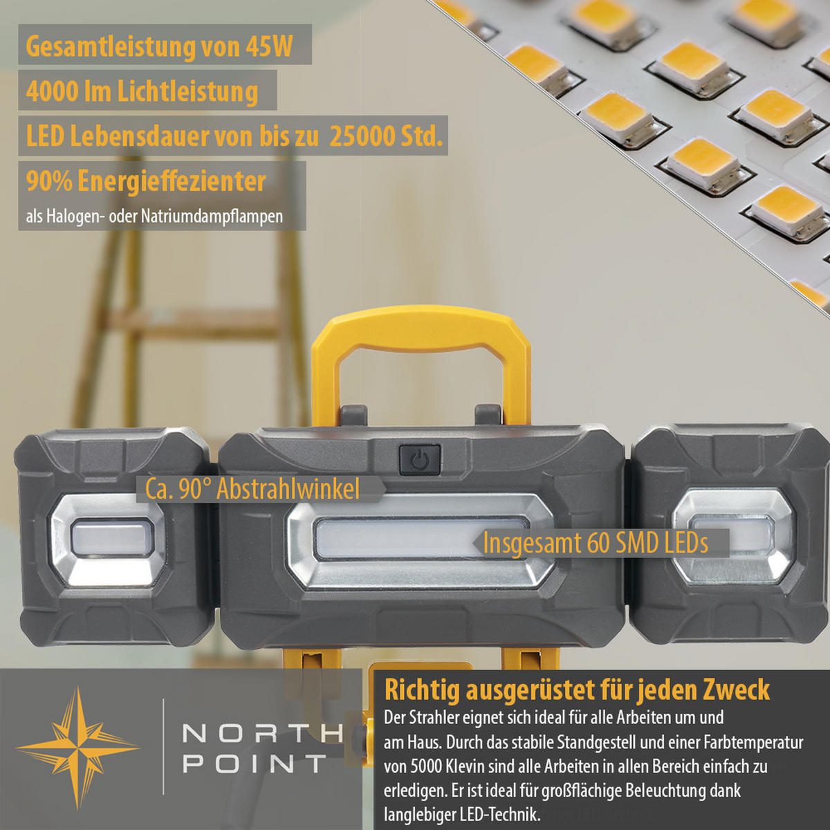 LED-ARBEITSSTRAHLER - mit schwenkbaren Seitenstrahlern und 4000 Lumen für Baustellen und Werkstätten, 2er-Set - Schwarz, Metall (76/76/147cm) - Northpoint