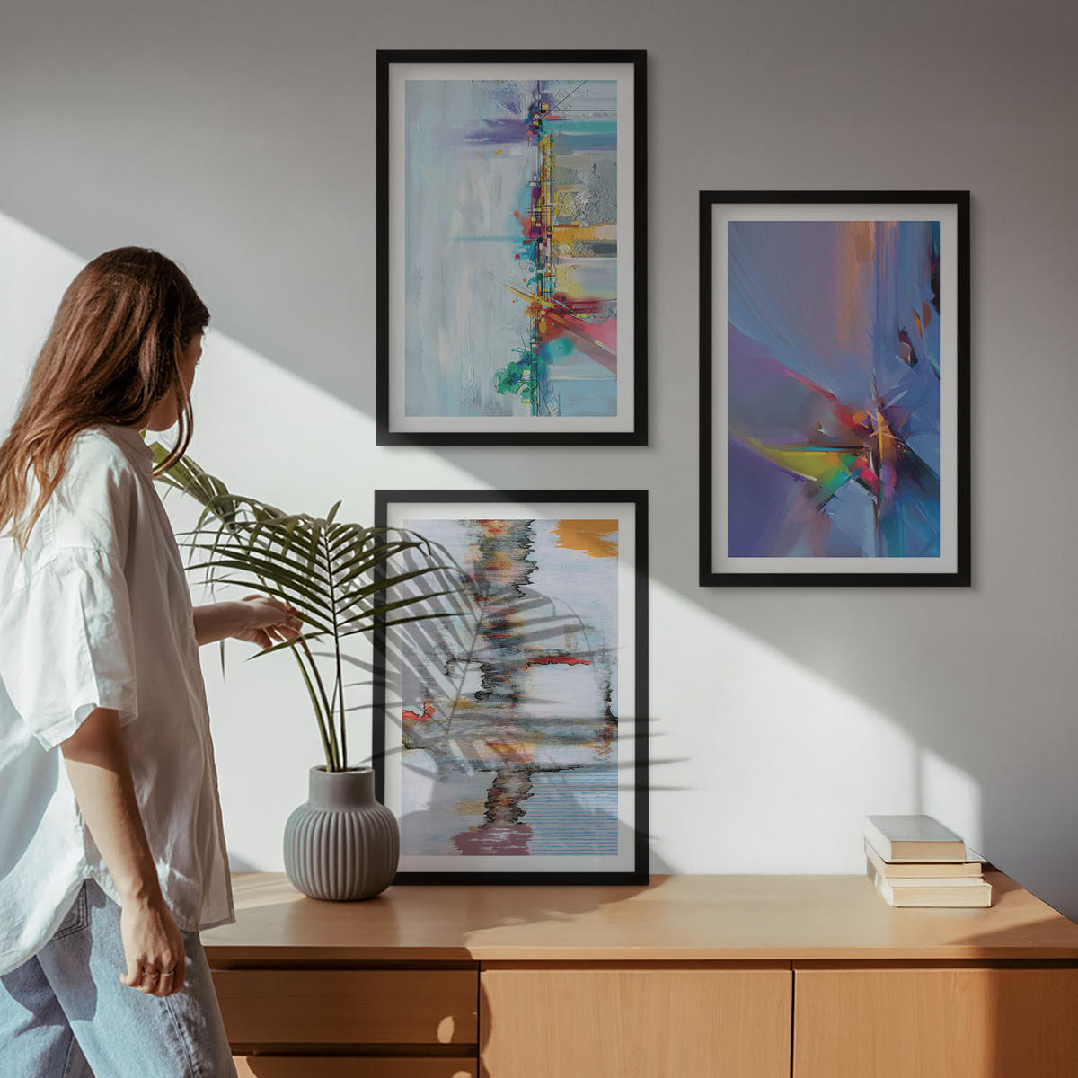 WANDBILDER 3er-Set - 40x60 cm Schwarzer Rahmen - Abstrakte Gemäldekompositionen - Schwarz, Kunststoff (40/60cm) - ArtPrintCave