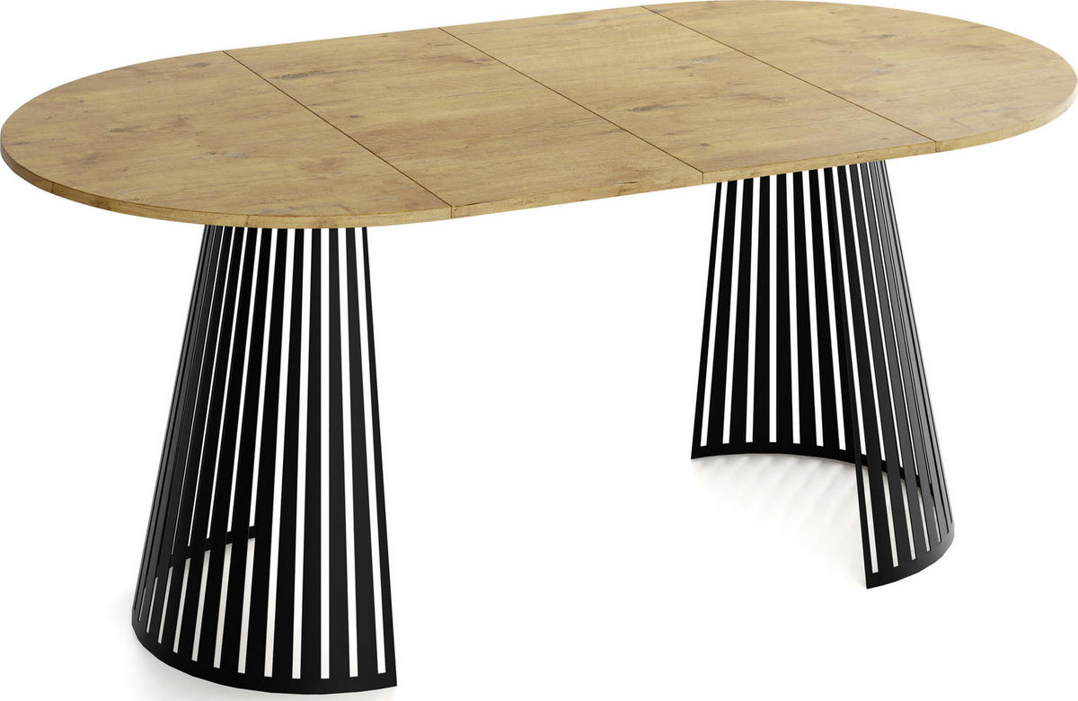 ESSTISCH Naro rund ausziehbar mit Schwarzem Lamellen-Metallgestell, Braun 120-200/120/76 cm - Eichefarben/Schwarz, Holzwerkstoff/Metall (120/120/76cm) - WFL GROUP