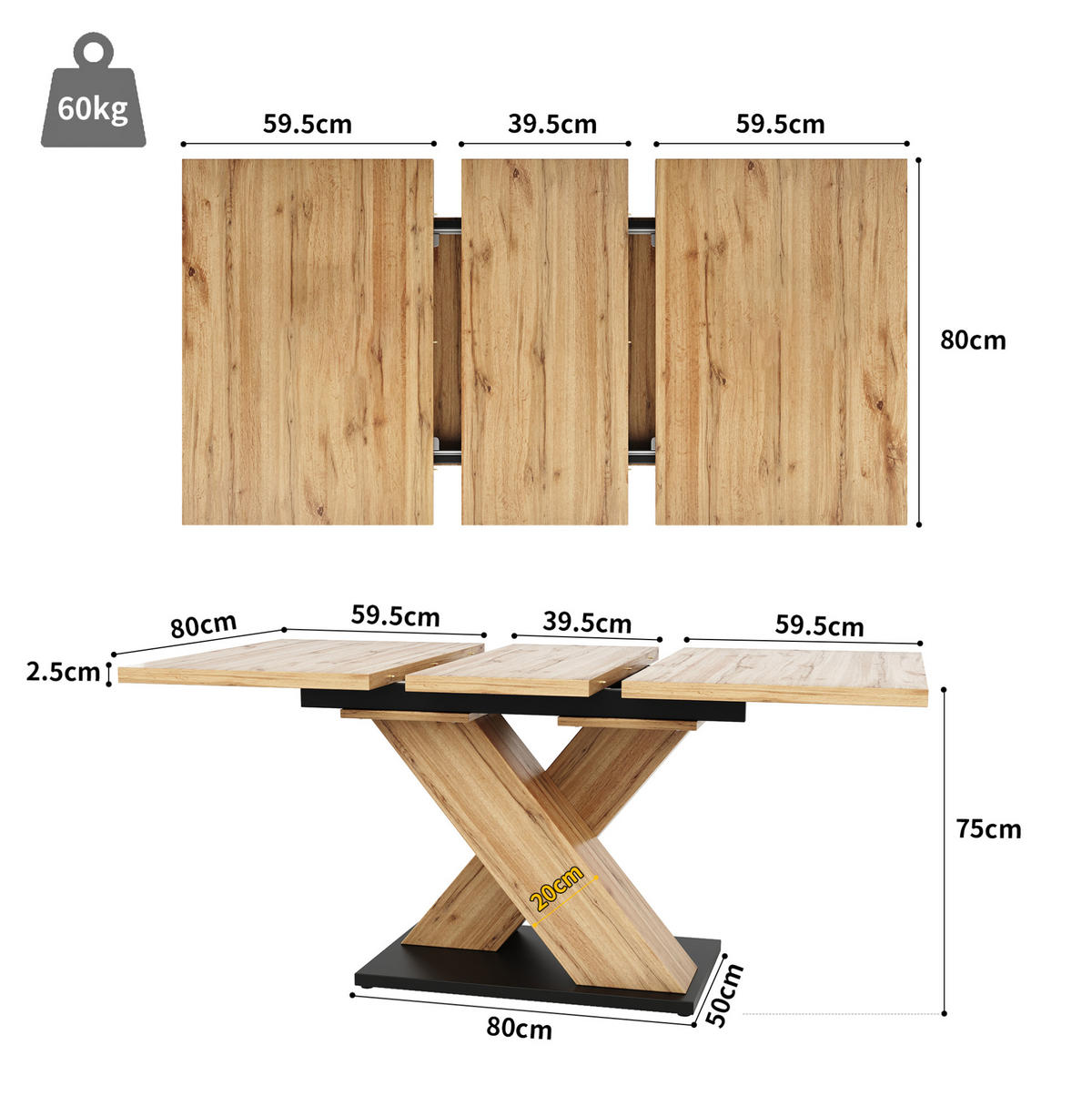 ESSTISCH aus MDF 119-158,5x80x75 cm Naturfarben ausziehbar mit gekreuztem Gestell und verstellbaren Füßen - Hellbraun, Holzwerkstoff (158.5/80/75cm) - Modfu
