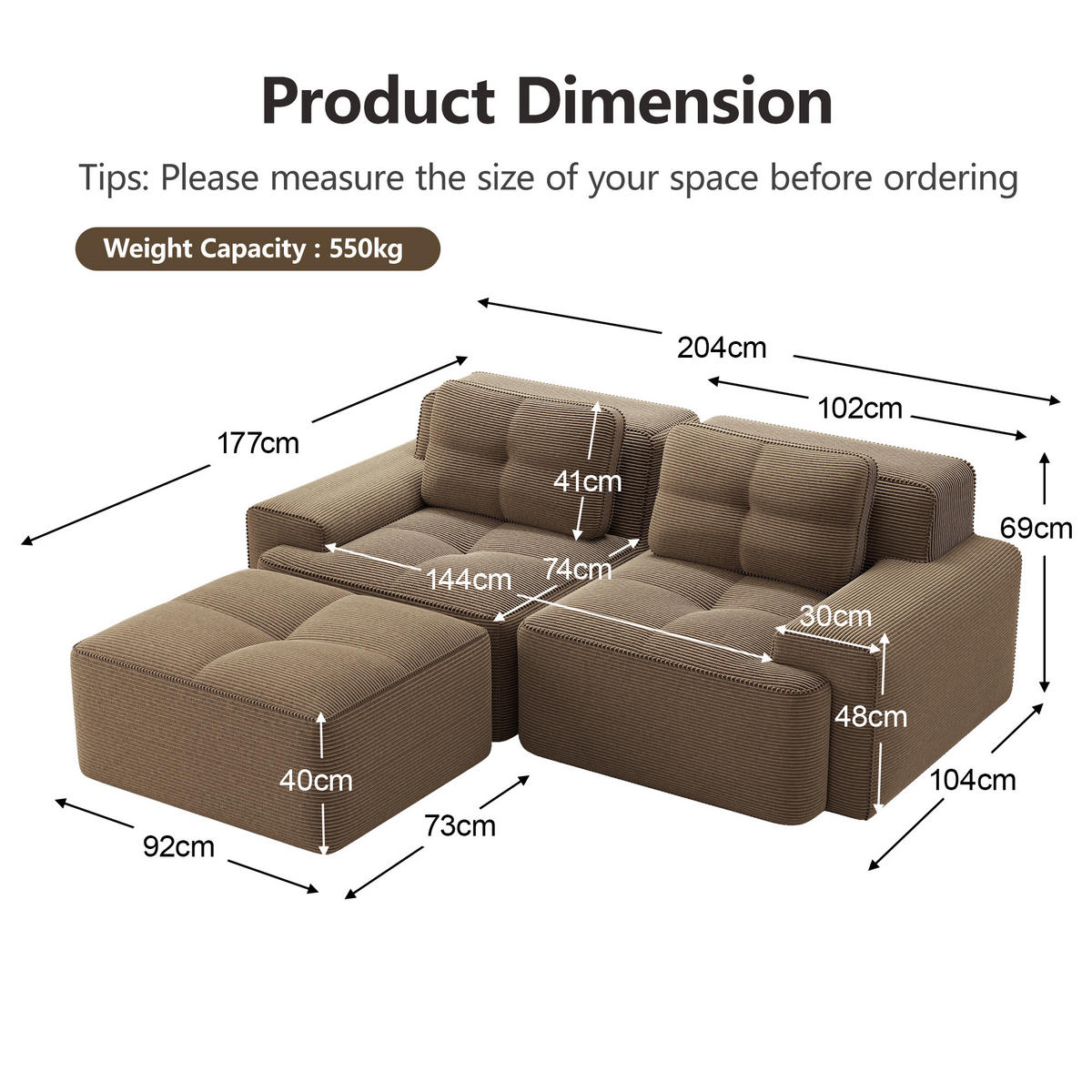 ECKSOFA Cord Braun mit Ottomane - Braun, Textil (204/177cm) - WISHDOR