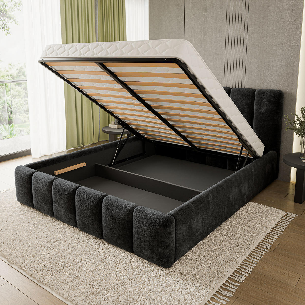 POLSTERBETT ATTORA LM 180x200 cm mit Bettkästen - Schwarz - Schwarz, Holz (180/200cm) - MASSENO