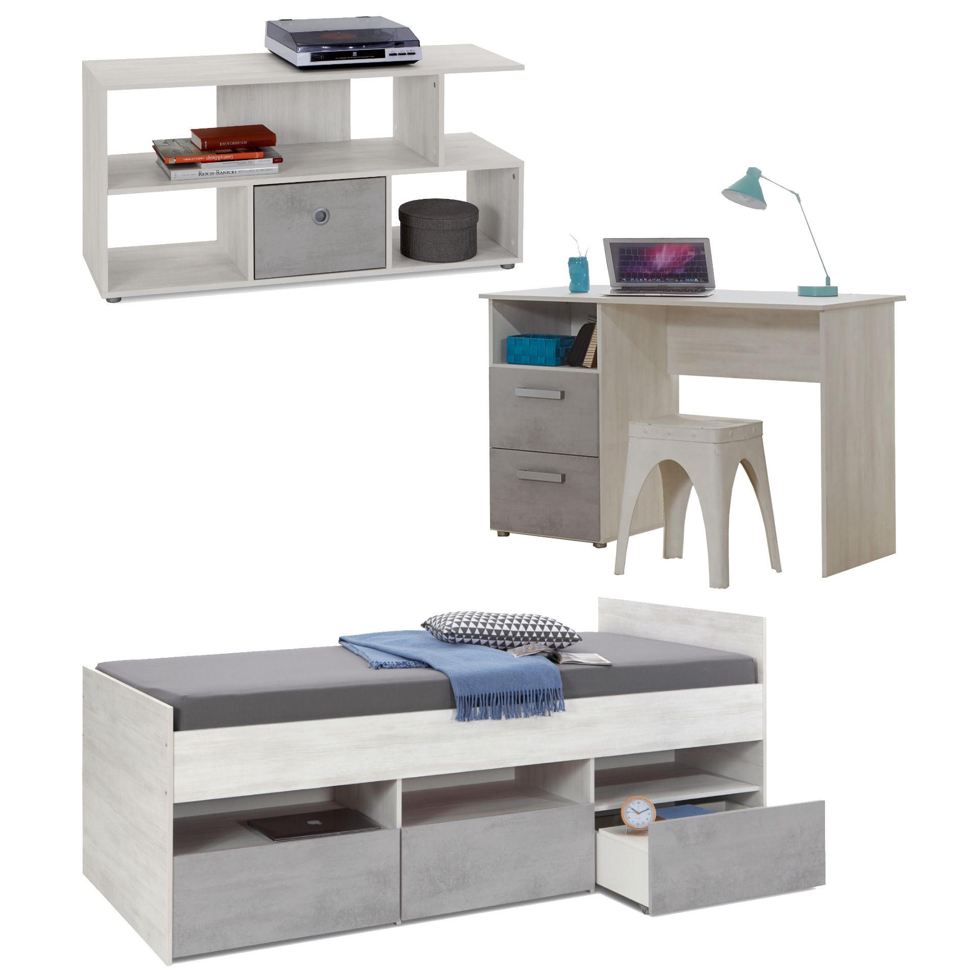 JUGENDZIMMER SET 3-tlg. Bett inkl.Bettkasten, Schreibtisch, Lowboard SALE - Eichefarben/Hellgrau, Holzwerkstoff (1/1/1cm) - arthur berndt