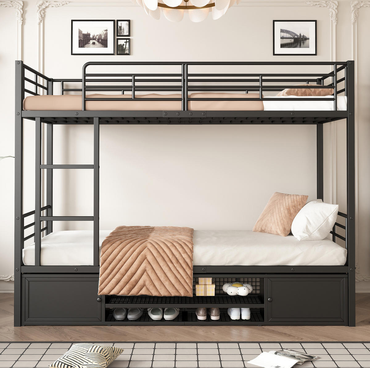 ETAGENBETT 90/200 cm in Schwarz mit Schuhablage und zwei Schränken - Schwarz, Metall (90/200cm) - OKMYHOME