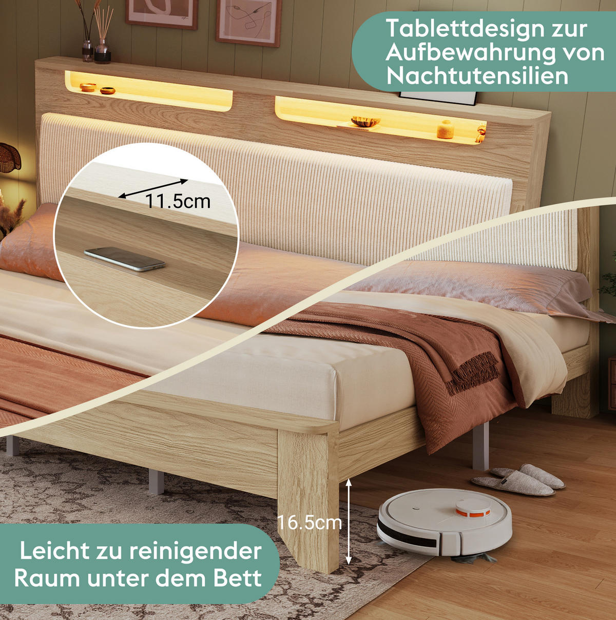 POSTEL 180/200 cm s LED osvětlením, úložným čelem a lavicí s úložným prostorem, manšestr/dřevo, Světlý dub/Béžová - béžová, dřevo (180/200cm) - Redom