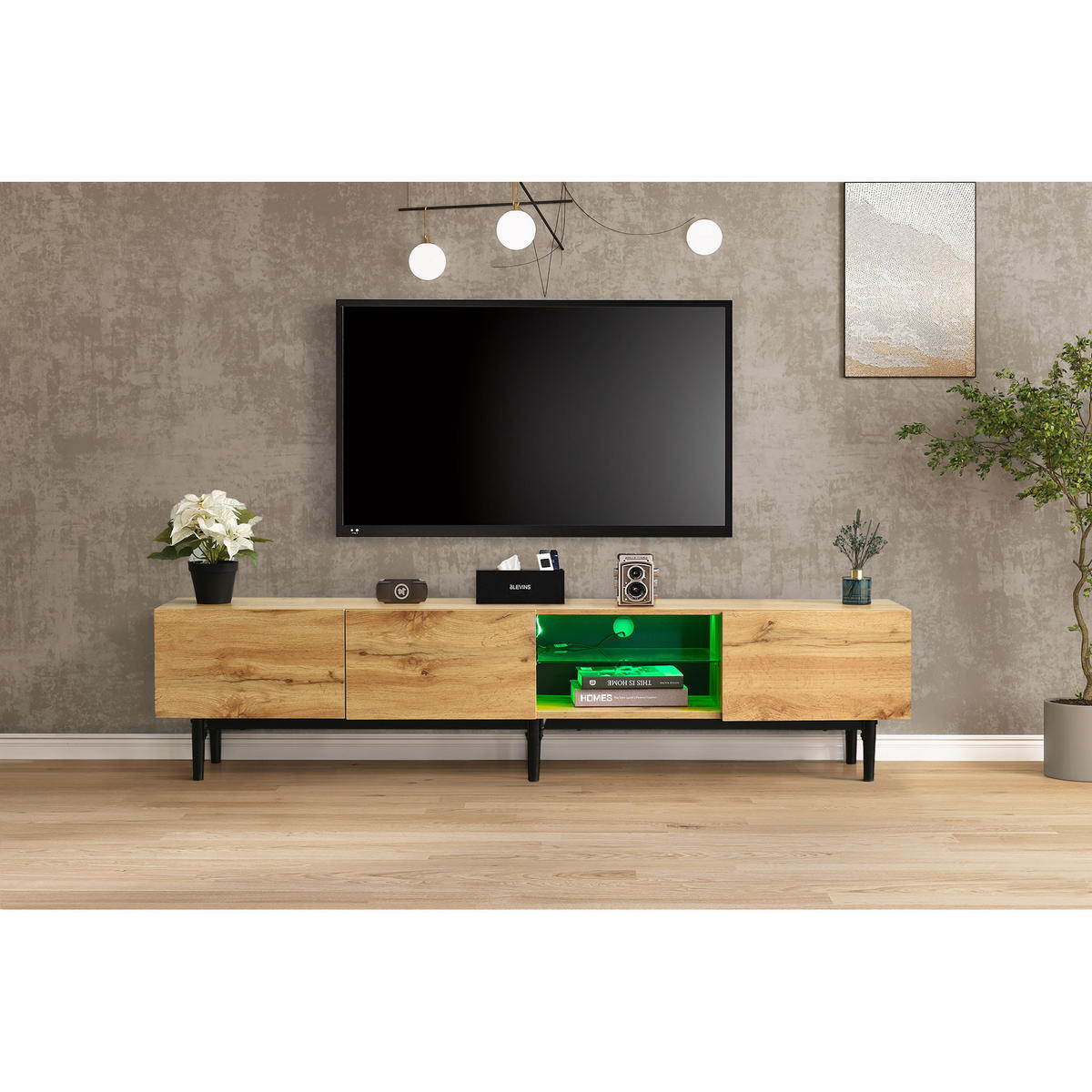 TV-SCHRANK in Light Oak und Schwarz mit LED Beleuchtung 175/31/41 cm - Eichefarben, Holzwerkstoff (175/41/31cm) - Redom