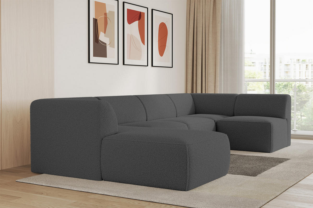 WOHNLANDSCHAFT Ottomane Links MOVO-L 345x180x78 cm Grau Bouclé - Chromfarben, Holzwerkstoff/Kunststoff (345/78/180cm) - ALTDECOR