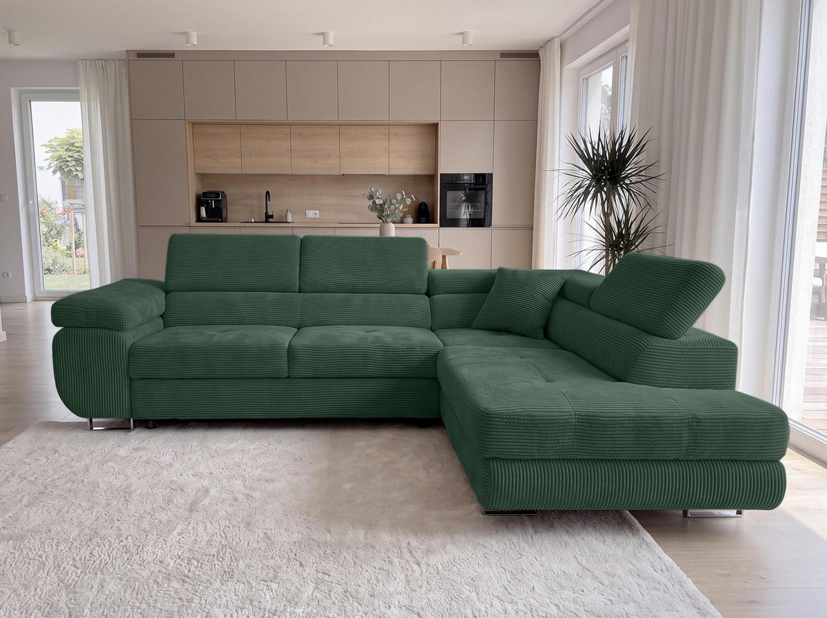 ECKSOFA L Form Konak Flaschengrün 276/201/90 cm Rechts mit Schlaffunktion - Dunkelgrün/Silberfarben, Textil/Metall (276/203cm) - AX Living