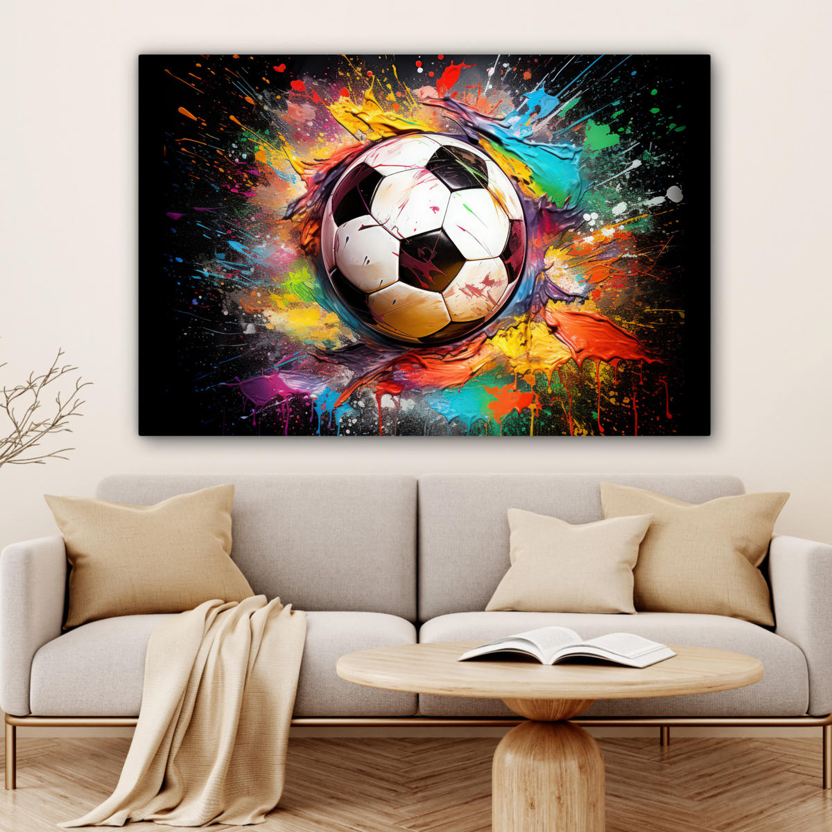 LEINWANDBILD Fußball - Farbe - Farben - Schwarz - Weiß Wohnzimmer Groß 120x80 cm - Weiß, Textil (120/80cm) - MuchoWow