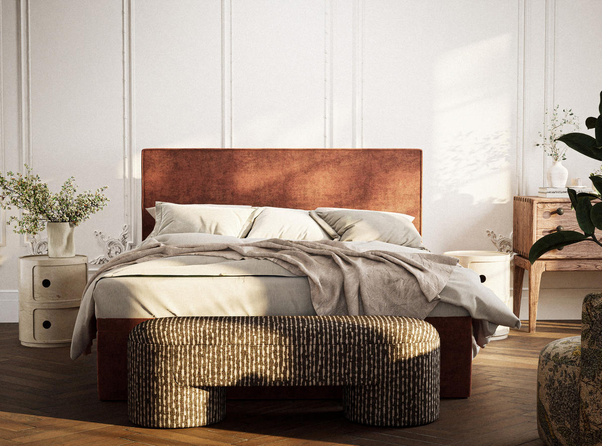 BOXBETT 200/200 cm Tegal, in Kupferfarbe, Matratze, gepolstertes Kopfteil, Bettkasten, H3 = fest - Schwarz/Kupferfarben, Holz/Holzwerkstoff (200/200cm) - Maison de Reve