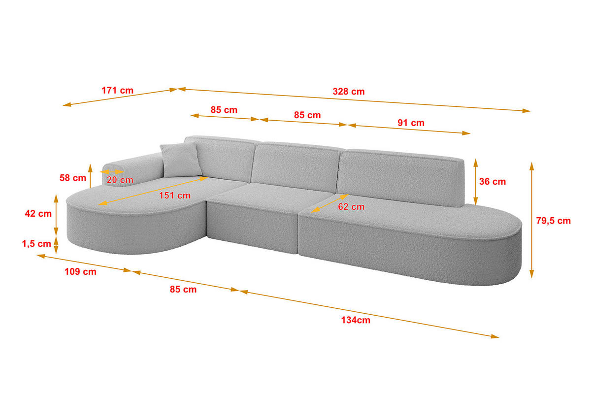 ECKSOFA Ottomane Links MARI-L2 - 328x171x79 cm Hellgrau Bouclé - Hellgrau/Schwarz, Holzwerkstoff/Kunststoff (165/321cm) - ALTDECOR