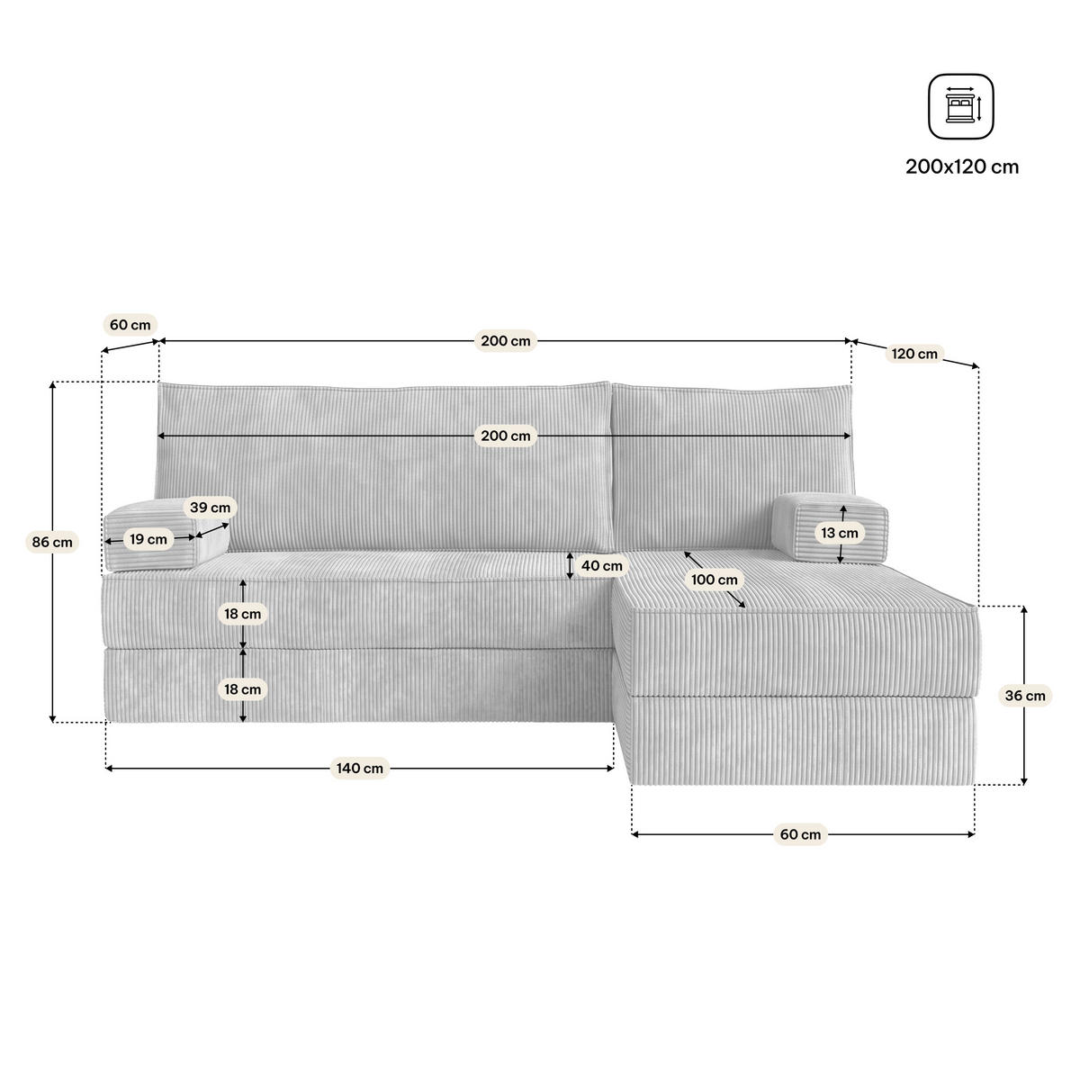 ROHOVÁ SEDAČKA NOTIA modulární Boneless pohovka s funkcí spaní, černá POSO 135 - černá, textil (200/120cm) - MASSENO