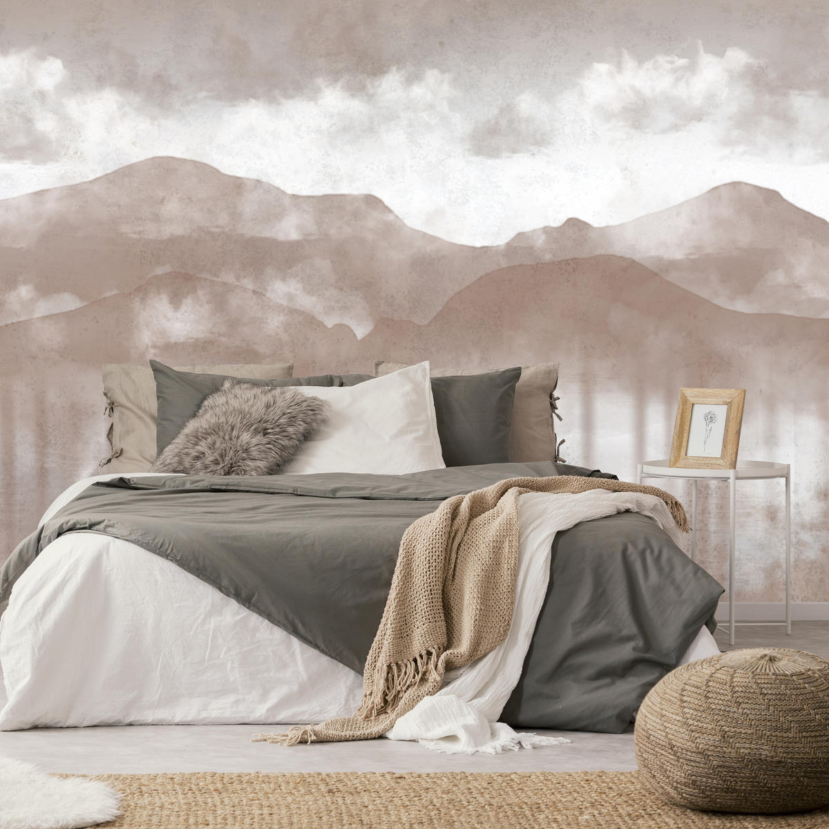 FOTOTAPETE für Schlafzimmer Beige Berglandschaft Nebelwald Vintage 300x210 - Beige/Braun, Papier (300/210cm) - Muralo