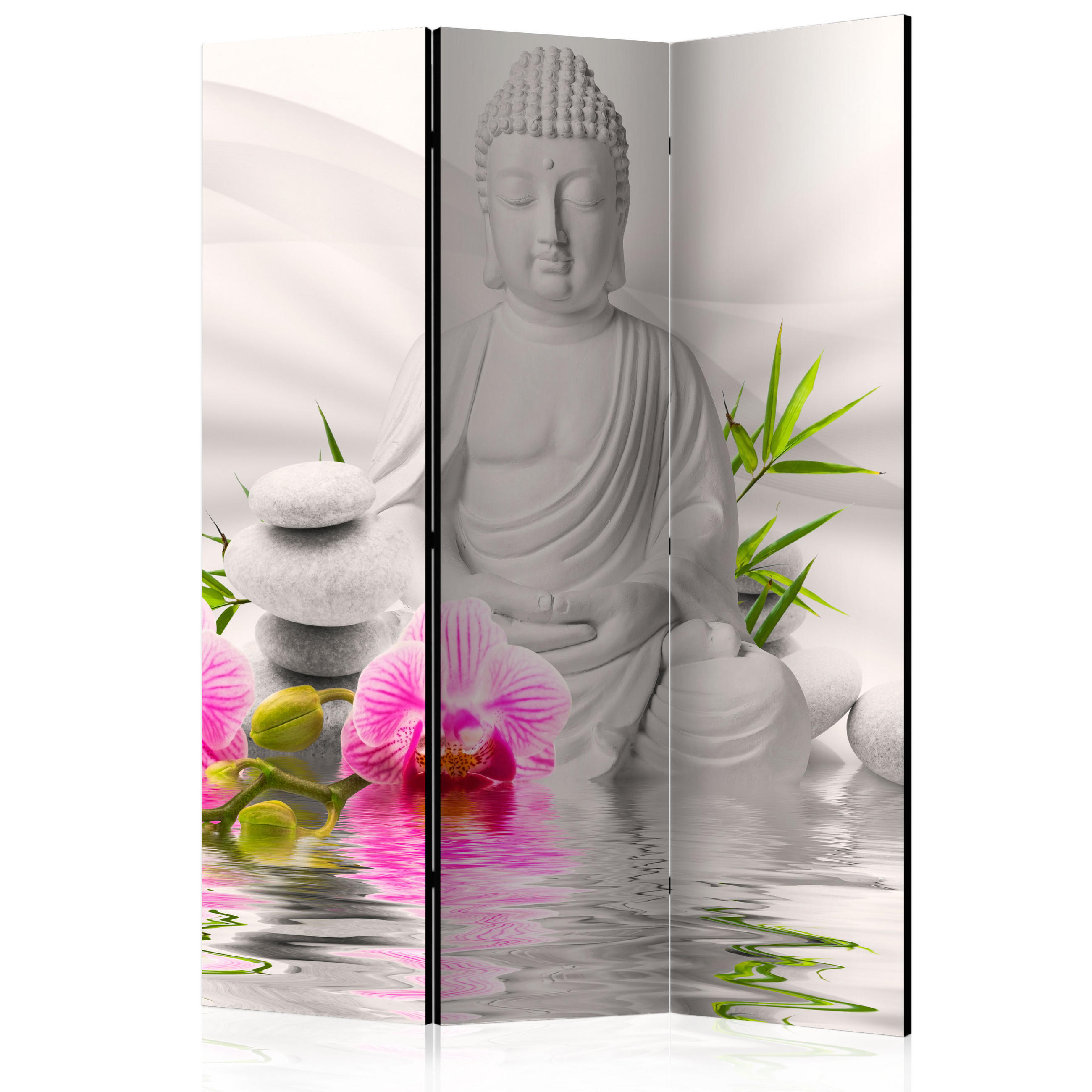 PARAVENT Beidseitig Bedruckter 3-tlg 135x172 cm Buddha Statue Orchideen - Multicolor, Holz/Textil (135/172/3cm) - Muralo