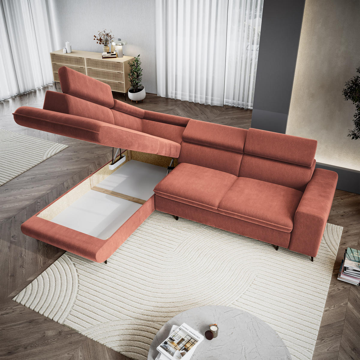 ECKSOFA VELISS Koralle Veloursstoff mit Schlaffunktion - Koralle, Holz (255/193cm) - MASSENO