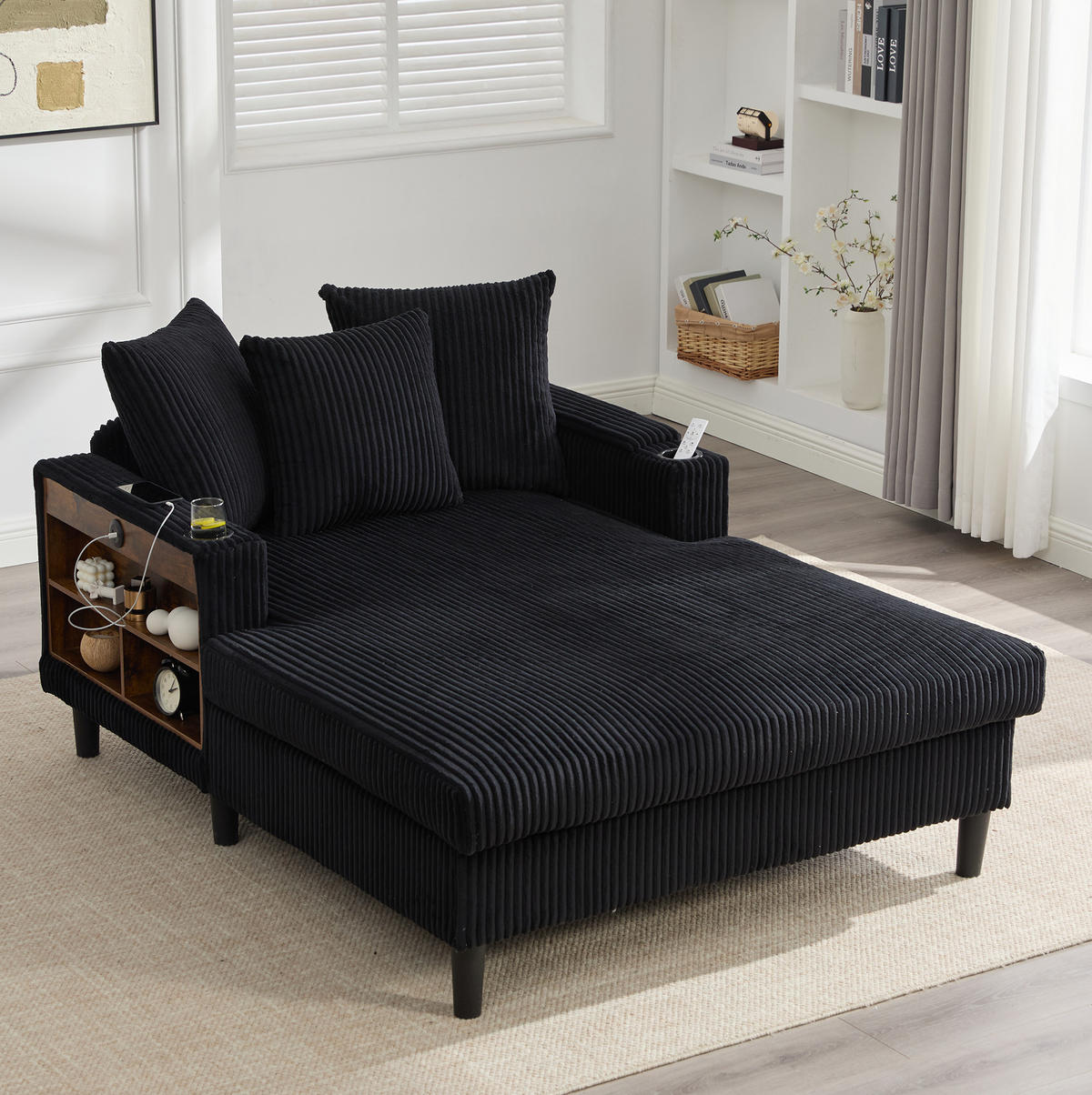 CHAISELONGUE mit LED, USB und Stauraum 129 x 170 x 70 cm Cord Black - Schwarz, Holz (170/70/129cm) - Meubliv