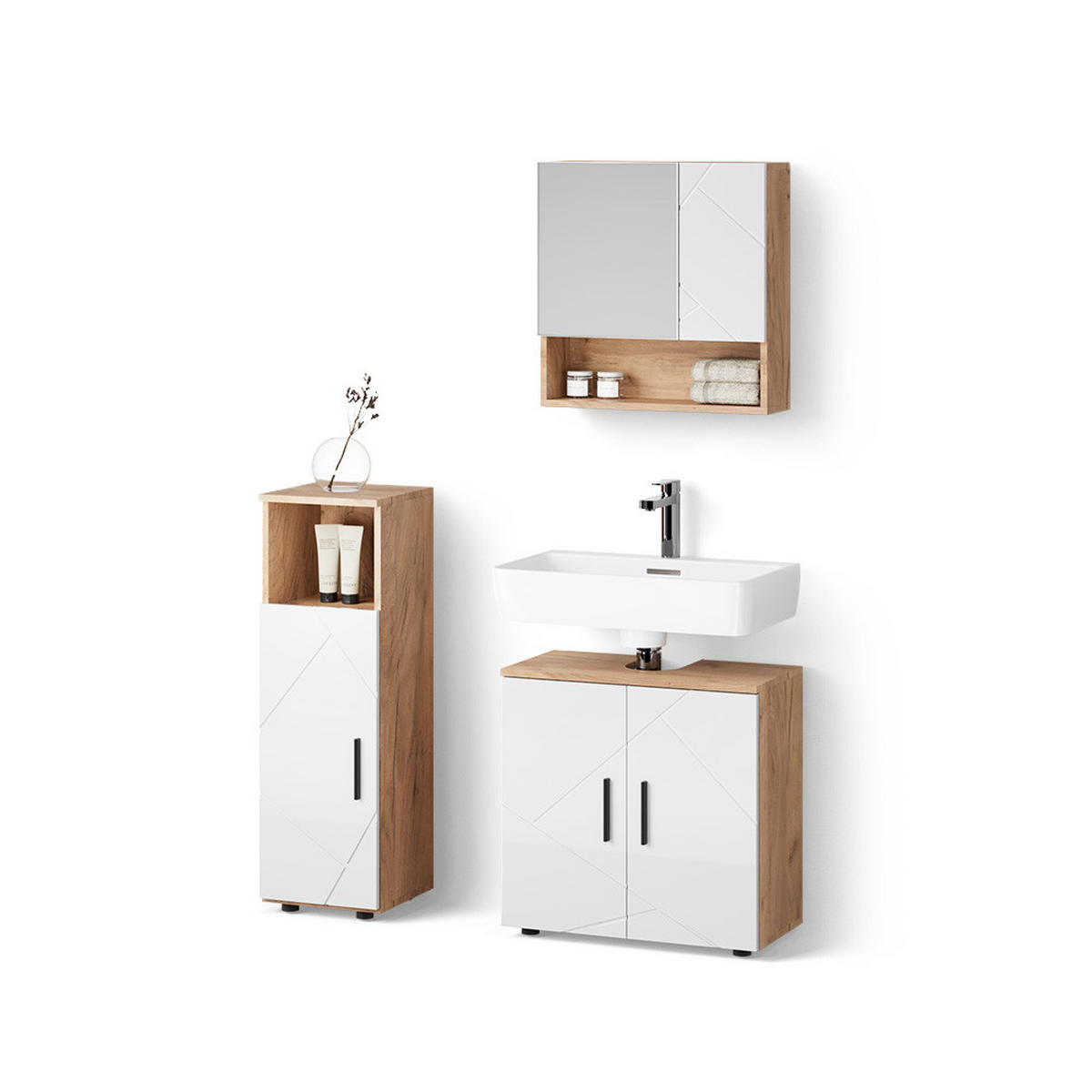 BADMÖBEL-SET Ronco Weiß Hochglanz/Goldkraft Eiche 3 Teile - Weiß Hochglanz/Eiche Wotan, Holzwerkstoff (60/59/30cm) - Livinity®