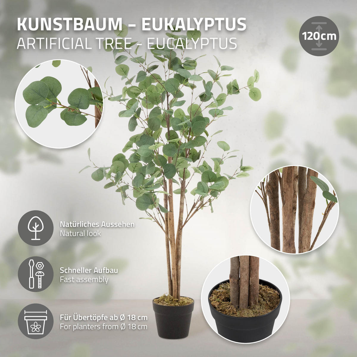 KUNSTPFLANZE Eukalyptus - Anthrazit/Grün, Holz/Kunststoff (120cm) - ML-DESIGN