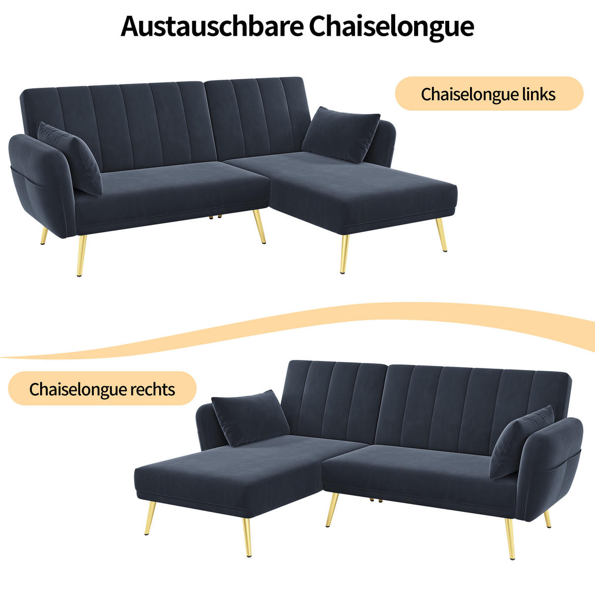 ECKSOFA L-Form Klappbett mit Zusatzecke Schlaffunktion Modern Schwarz - Schwarz, Holz (110.49/70.99cm) - FLIEKS