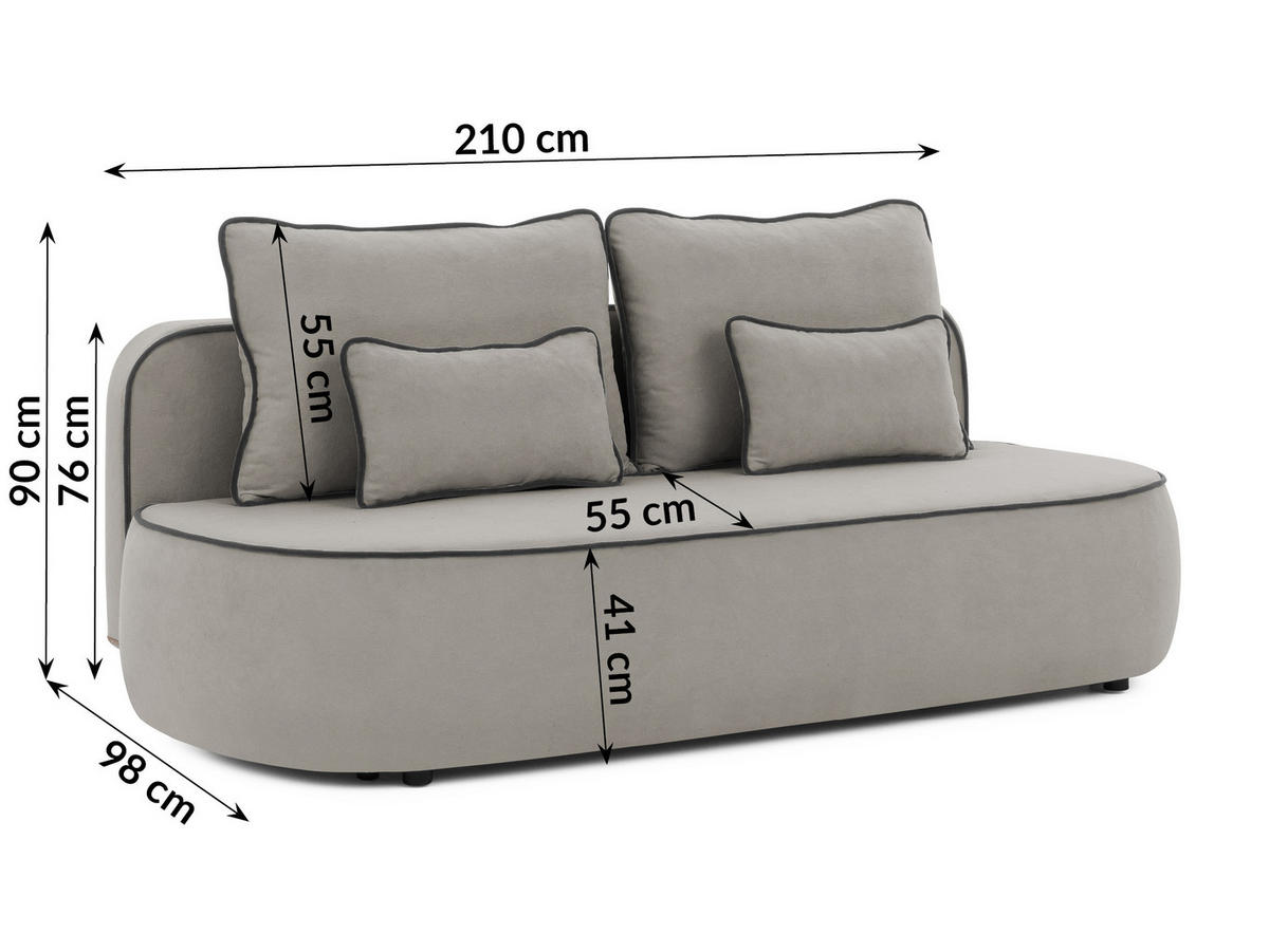 KINDERSOFA Vero im modernen und abgerundeten Design mit Schlaffunktion und Bettkasten aus Grau Plüschstoff mit schwarzer Paspel - Schwarz/Grau, Holz/Kunststoff (210/90/98cm) - S-Style Möbel