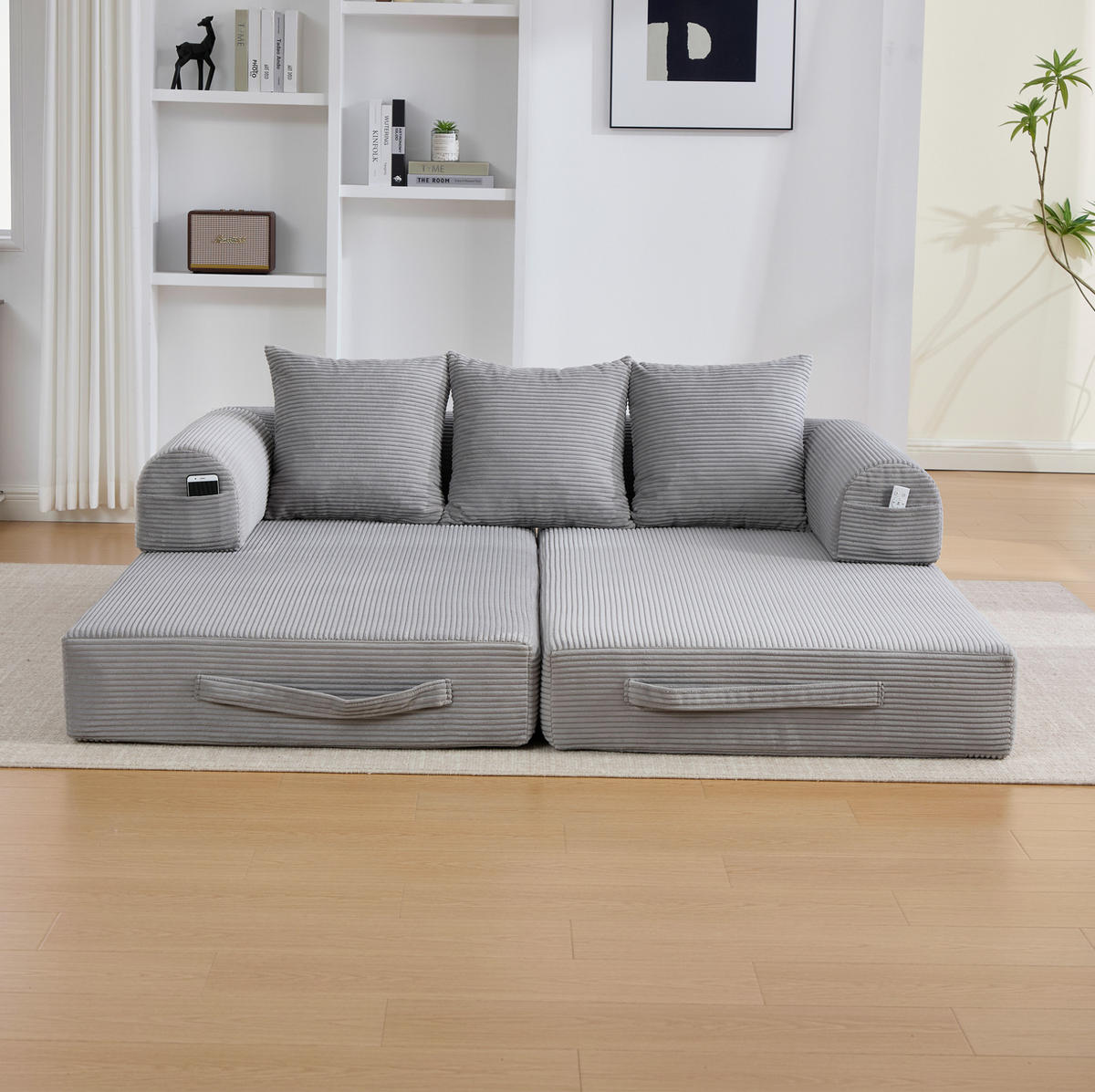 SOFA 200/94/67 cm aus Cord mit Metallgestell und 3 Kissen Hellgrau - Hellgrau, Textil (94/67/200cm) - Modenvie