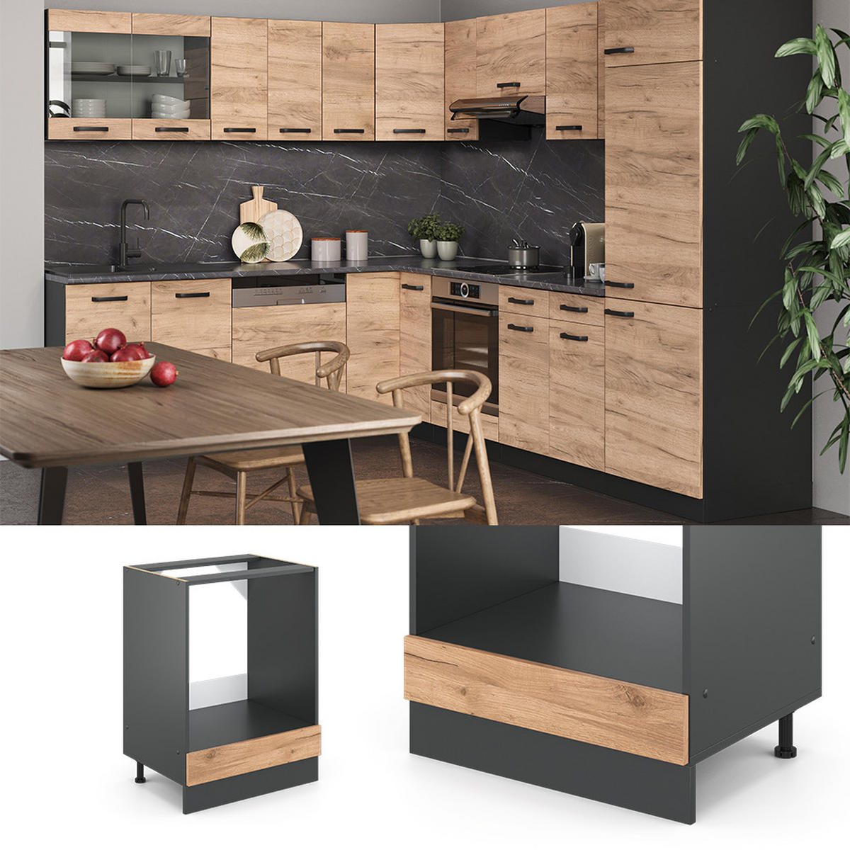 HERDUMBAUSCHRANK R-Line Goldkraft Eiche 60 cm, AP Eiche - Anthrazit/Eiche Wotan, Holzwerkstoff (60/81.6/60cm) - Vicco
