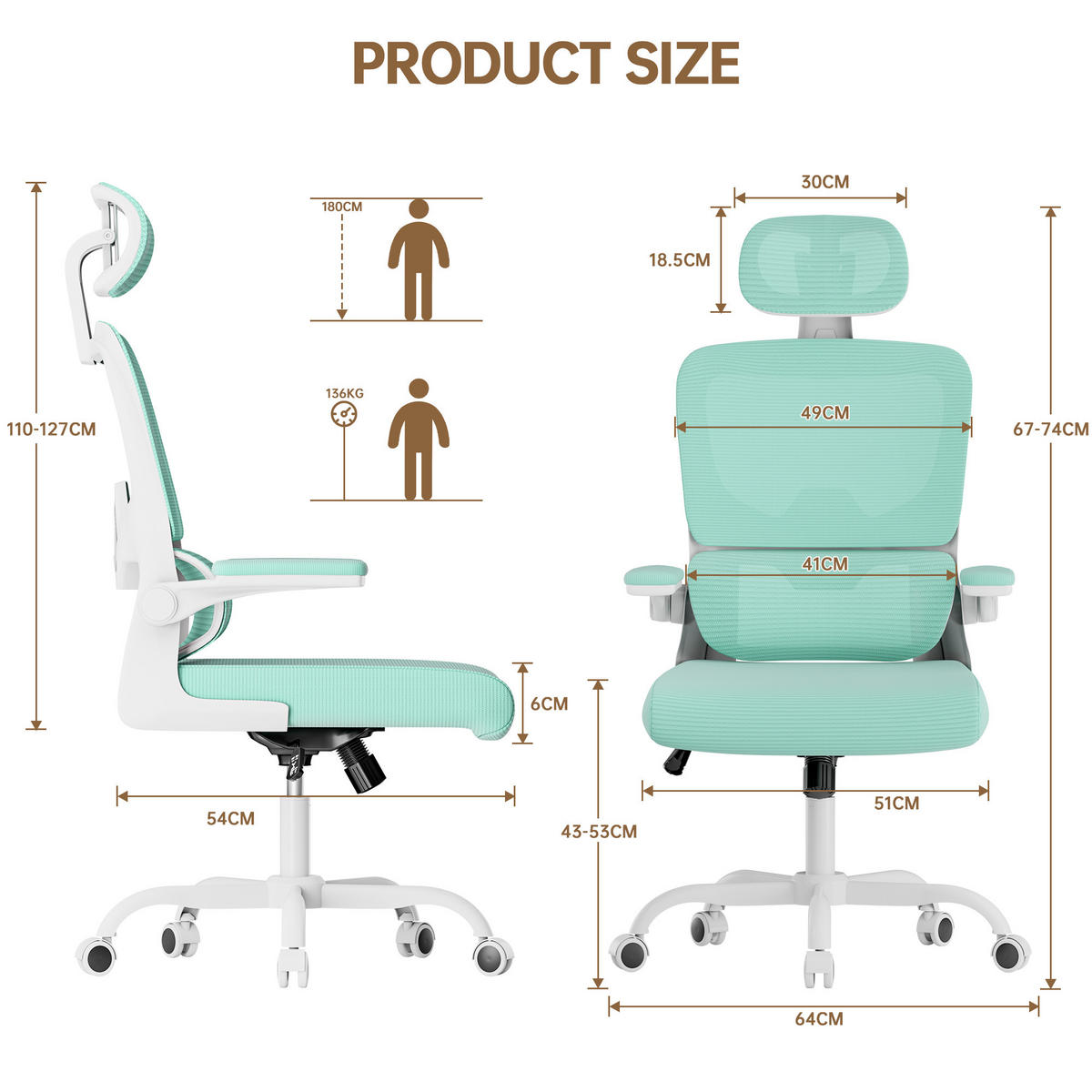 BÜROSTUHL Weiß-Grün ergonomisch mit klappbaren Armlehnen - Grün, Metall (25/52.5/65cm) - Rattrix