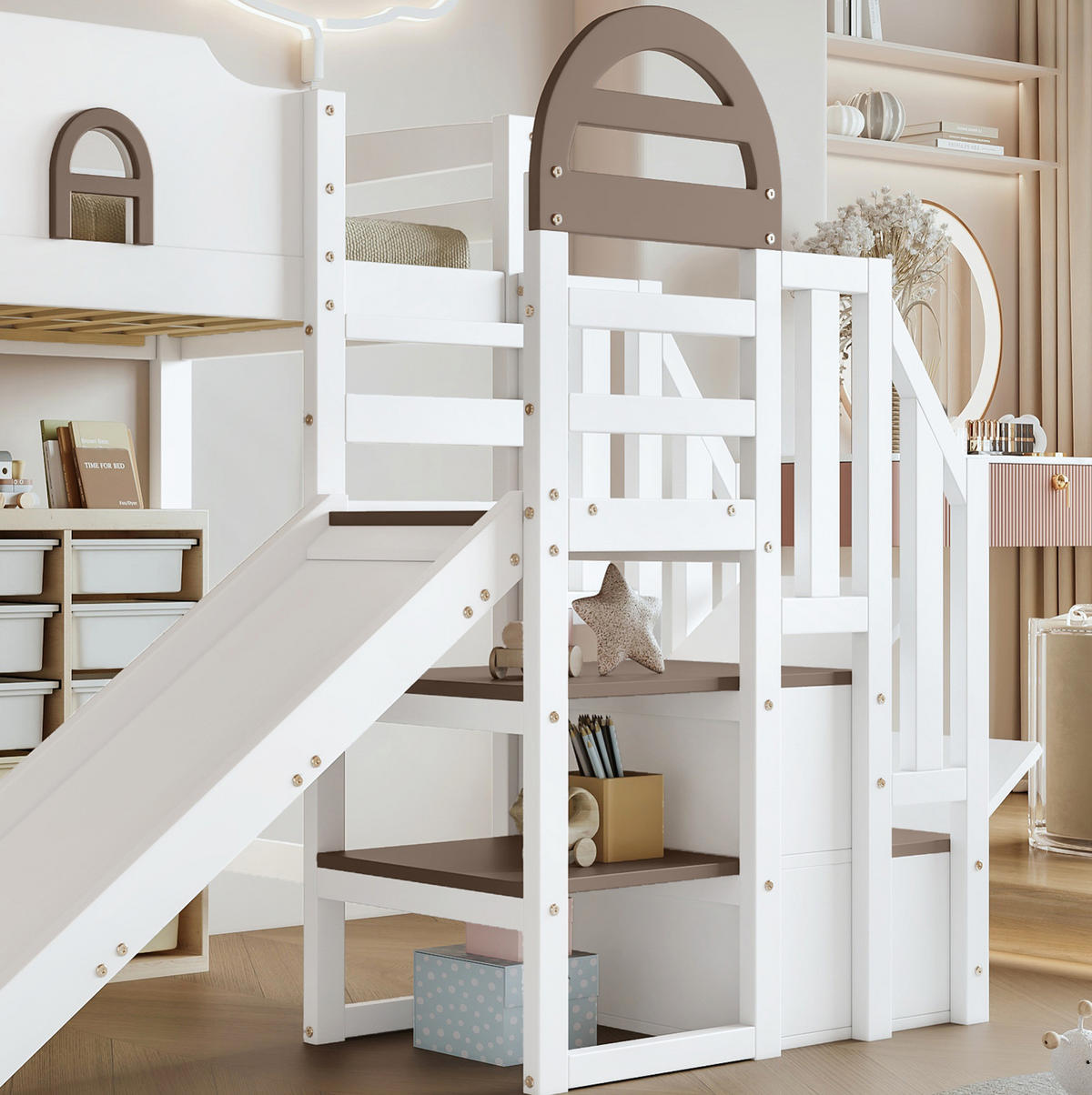 ETAGENBETT 90/200 cm mit Rutsche und Stauraumtreppe in Weiß - Weiß, Holzwerkstoff (90/200cm) - BEAOK