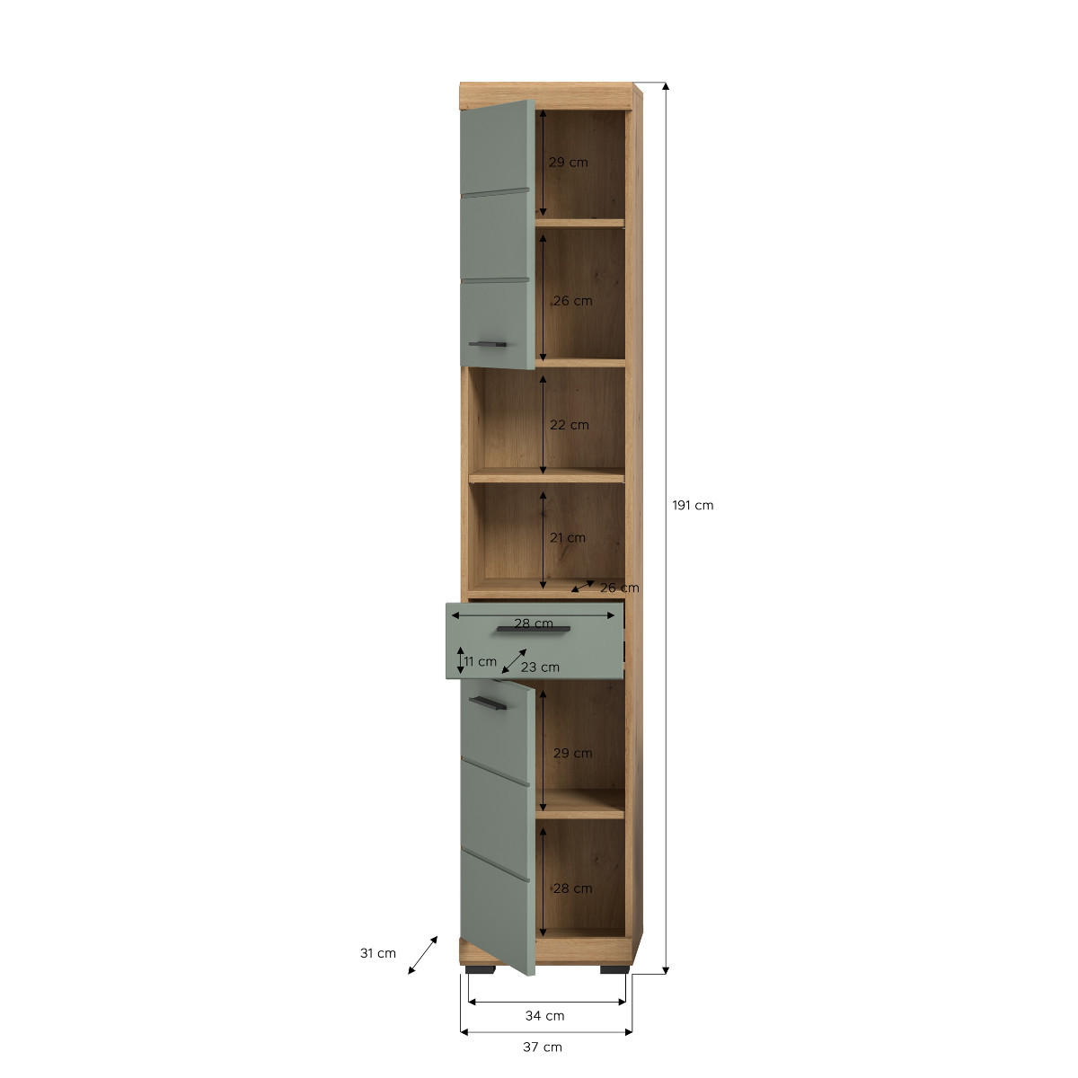 BADEZIMMERSCHRANK 2 Türen 1 Schublade 31/191/37 cm - Grün, Holzwerkstoff (31/191/43cm) - Calicosy