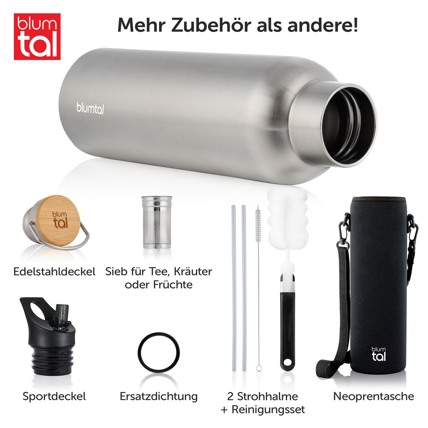 TRINKFLASCHE Leni 500 ml, inkl. Teesieb und Sportdeckel - Edelstahlfarben, Metall (0.5L) - Blumtal