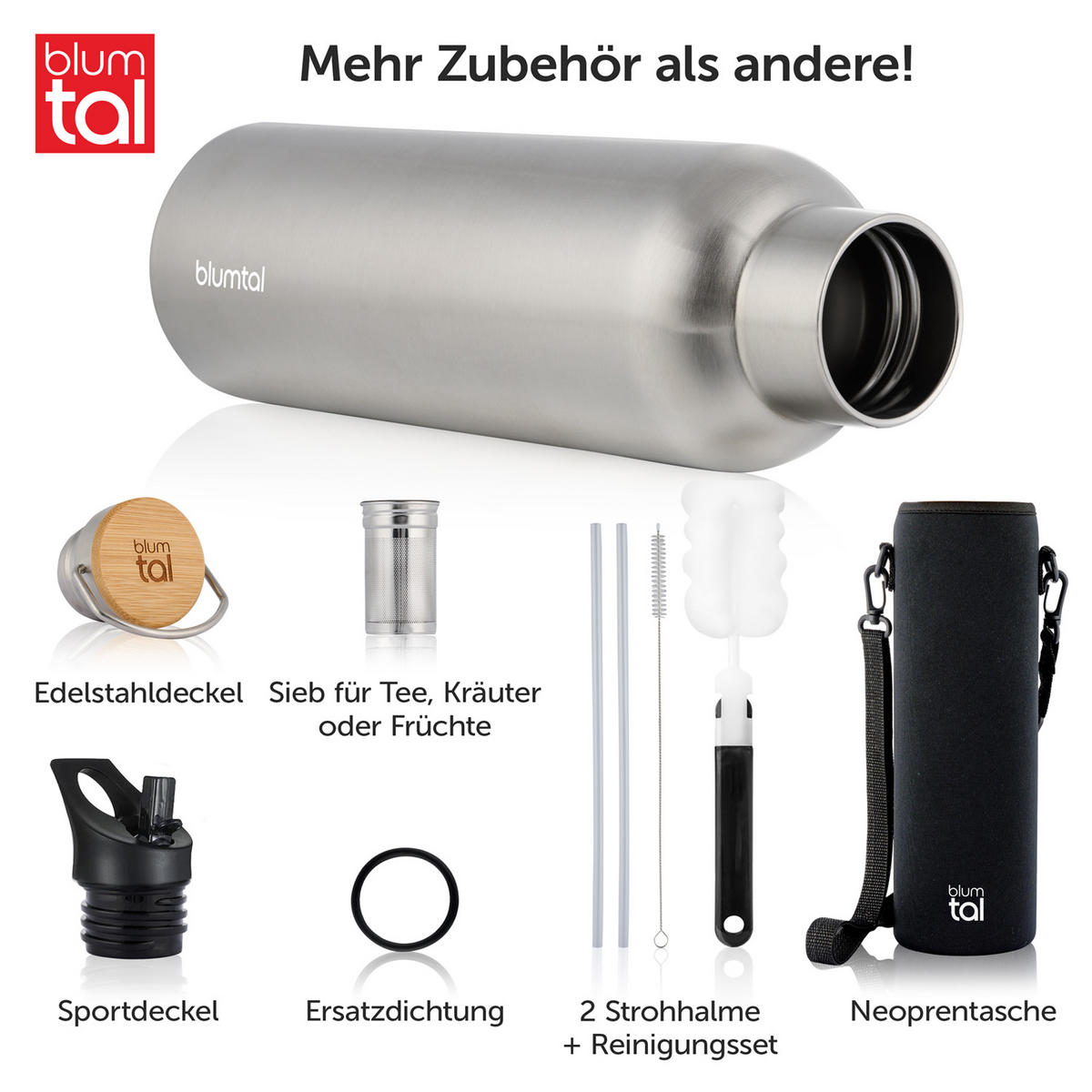 TRINKFLASCHE Leni 1000 ml, inkl. Teesieb und Sportdeckel - Edelstahlfarben, Metall (1L) - Blumtal