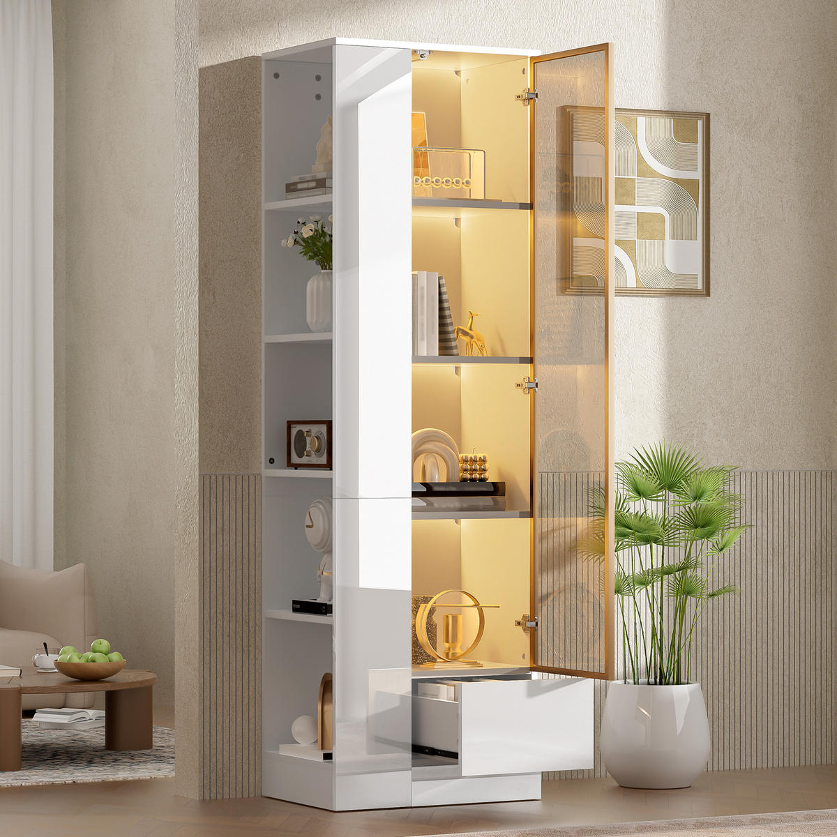 VITRINE 50x35x160 cm Weiß mit LED und Glastür - Weiß, Holzwerkstoff (50/160/35cm) - FLIEKS