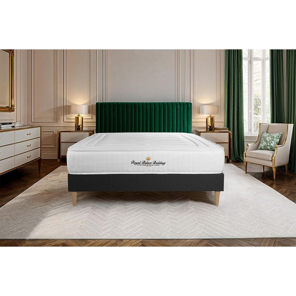 BETT Lancaster Taschenfederkern und Memory-Schaum 180 x 220 cm h3 - Kit Bettgestell Schwarz - Beige/Schwarz, Karton/Holz (180/220cm) - ROYAL PALACE BEDDING