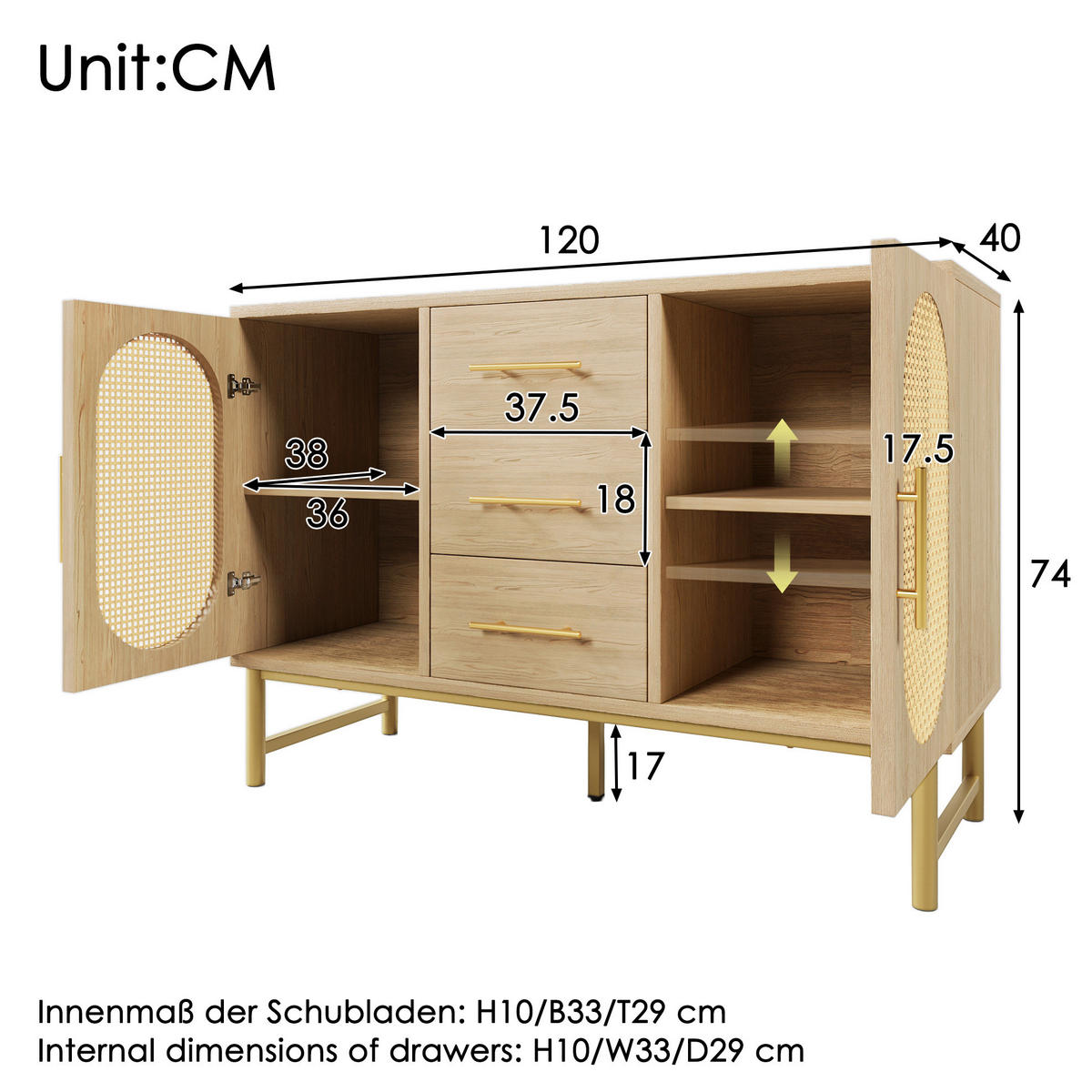 KOMODA z kovu a dřevotřísky 120x74x40 cm sonoma dub se 3 zásuvkami, 2 dvířky a nastavitelnou policí - barva dubu, kov (120/74/40cm) - Modfu