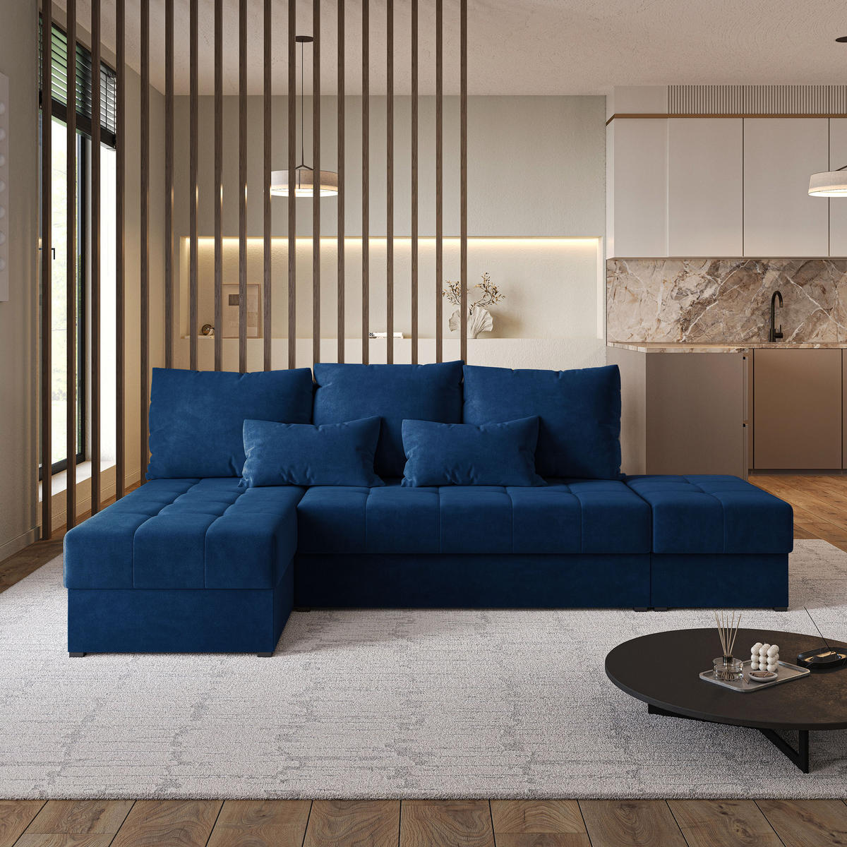 ECKSOFA NORVI Blau Plüsch-Stoff mit Schlaffunktion - Blau, Holz (251/143cm) - MASSENO