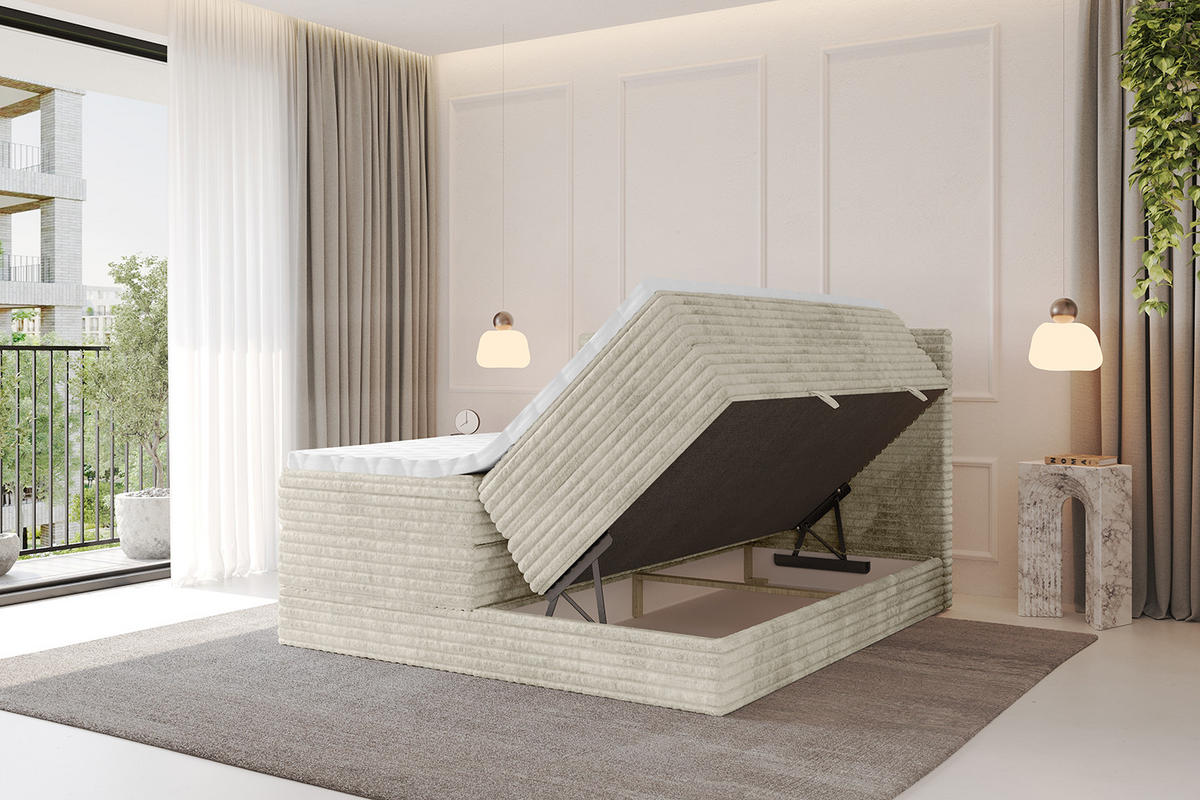 BOXSPRINGBETT mit Matratze H3|H4 und Lattenrost - TOLO KING-v1 140x200 Cord - Creme - Champagner, Holzwerkstoff (140/200cm)