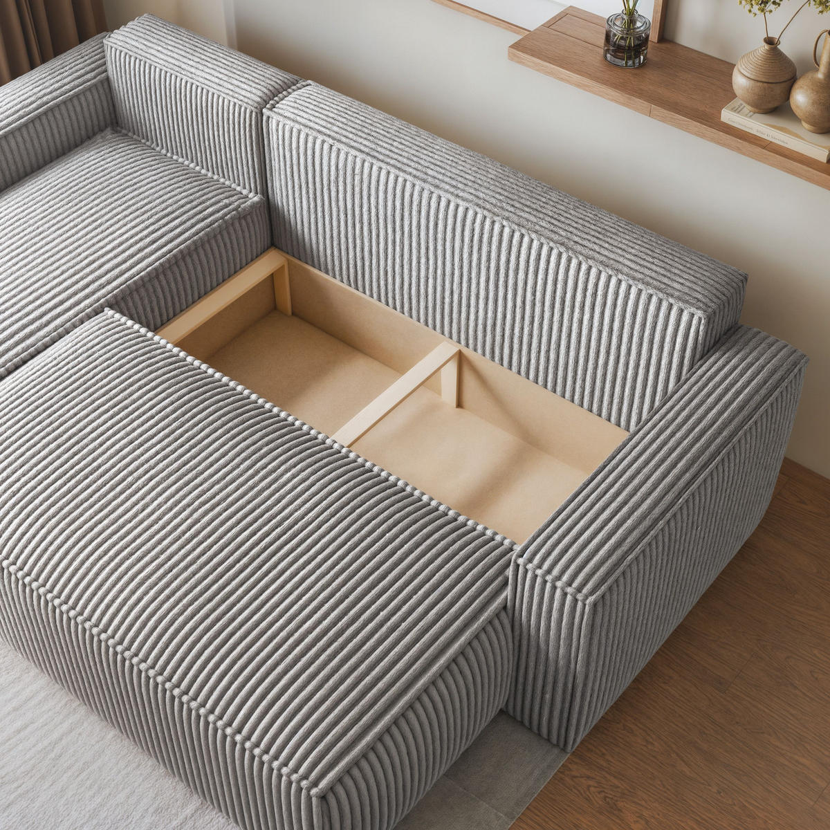 ECKSOFA RAVELO T Hellgrau Kordstoff mit Schlaffunktion - Hellgrau, Holz (240/140cm) - MASSENO