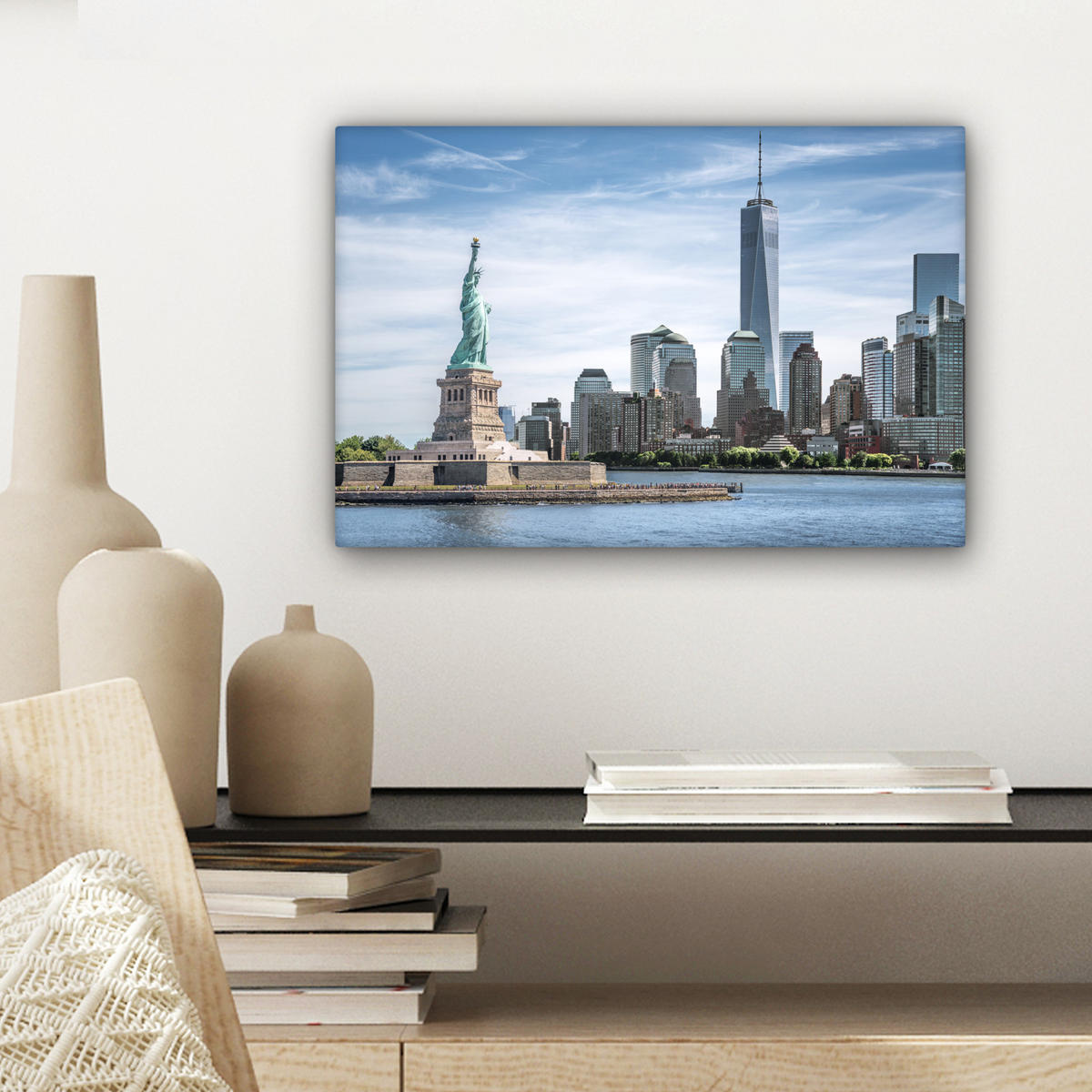 LEINWANDBILD New York - Freiheitsstatue - Wasser Deko Schlafzimmer 30x20 cm - Hellblau, Textil (30/20cm) - MuchoWow