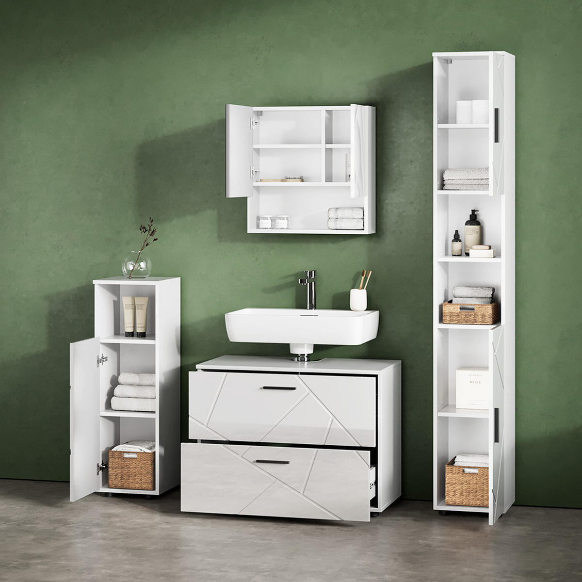 BADMÖBEL-SET Ronco Weiß Hochglanz 4 Teile, mit Schubladenschrank und Hochschrank - Weiß Hochglanz/Weiß, Holzwerkstoff (80/58/41cm) - Livinity®