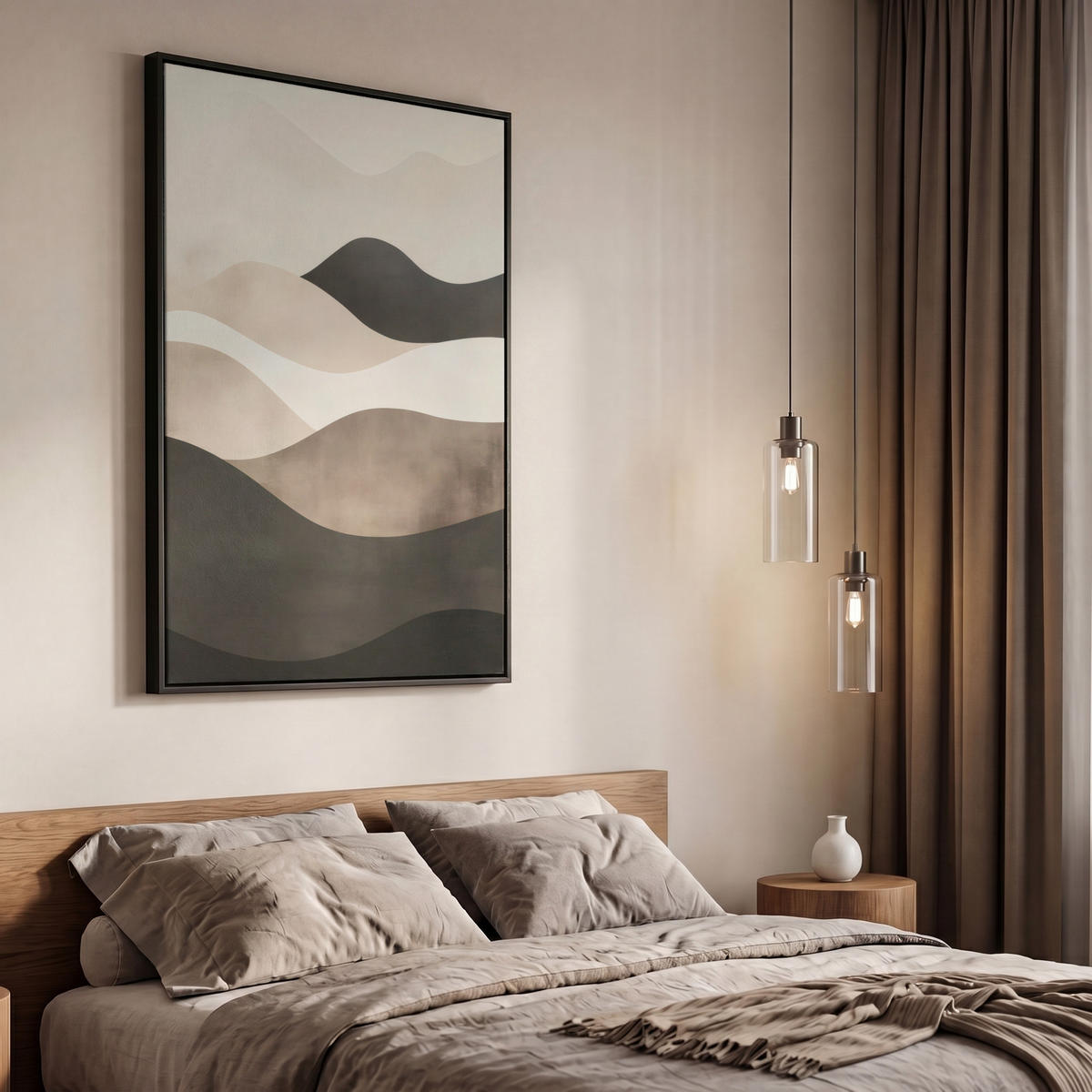 LEINWAND Bilder mit Rahmen - Abstrakt - Landschaft - Wellen - Cremefarben - 60x90 - Cappuccino, Textil (60/90cm) - MuchoWow